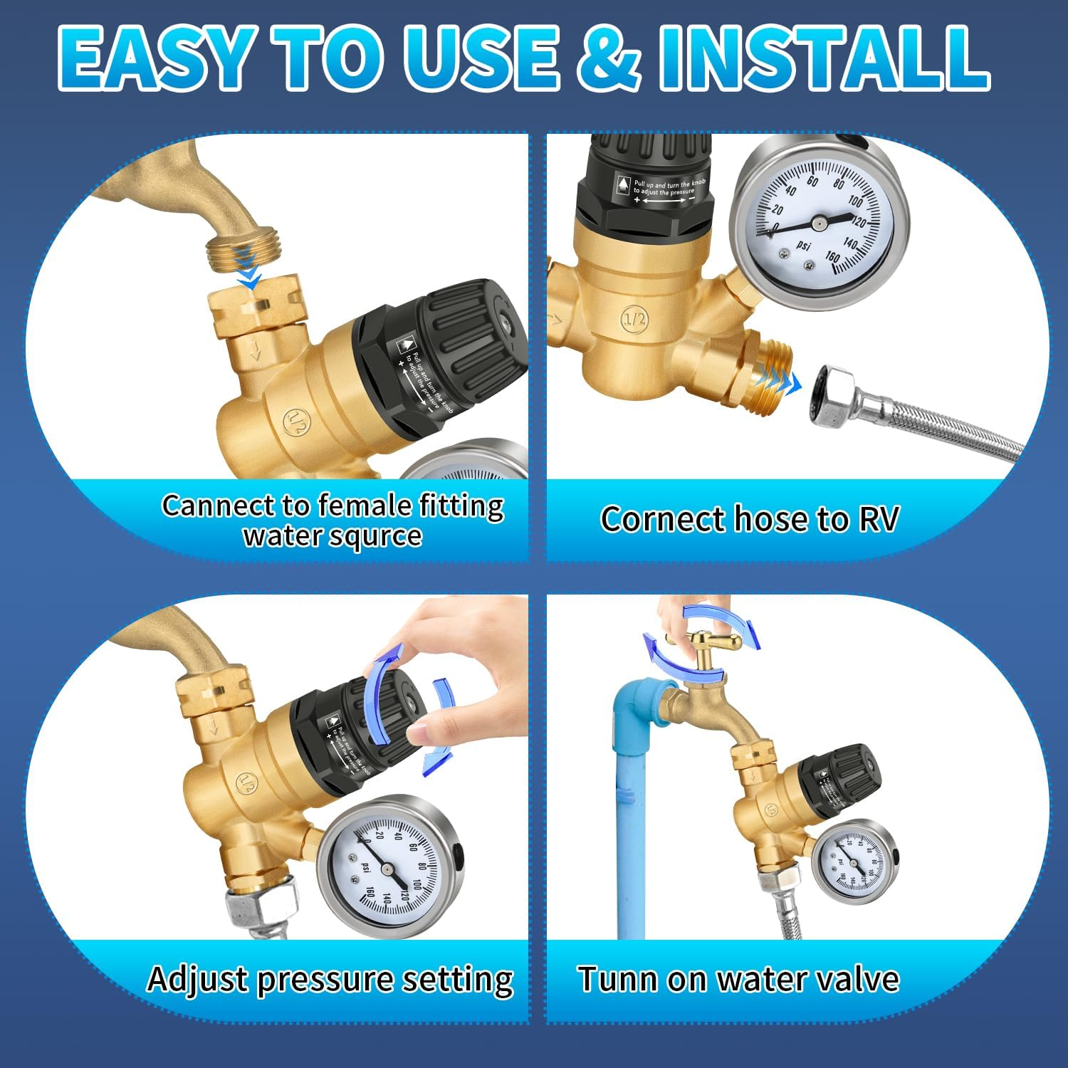 Adjustable Handle RV Water Pressure Regulator with Gauge, Upgraded Lead-Free Brass Water Pressure Regulator for RV Camper, Hose Pressure Regulator Reducing Valve, Fit for RV Camper Travel Trailer image number 1