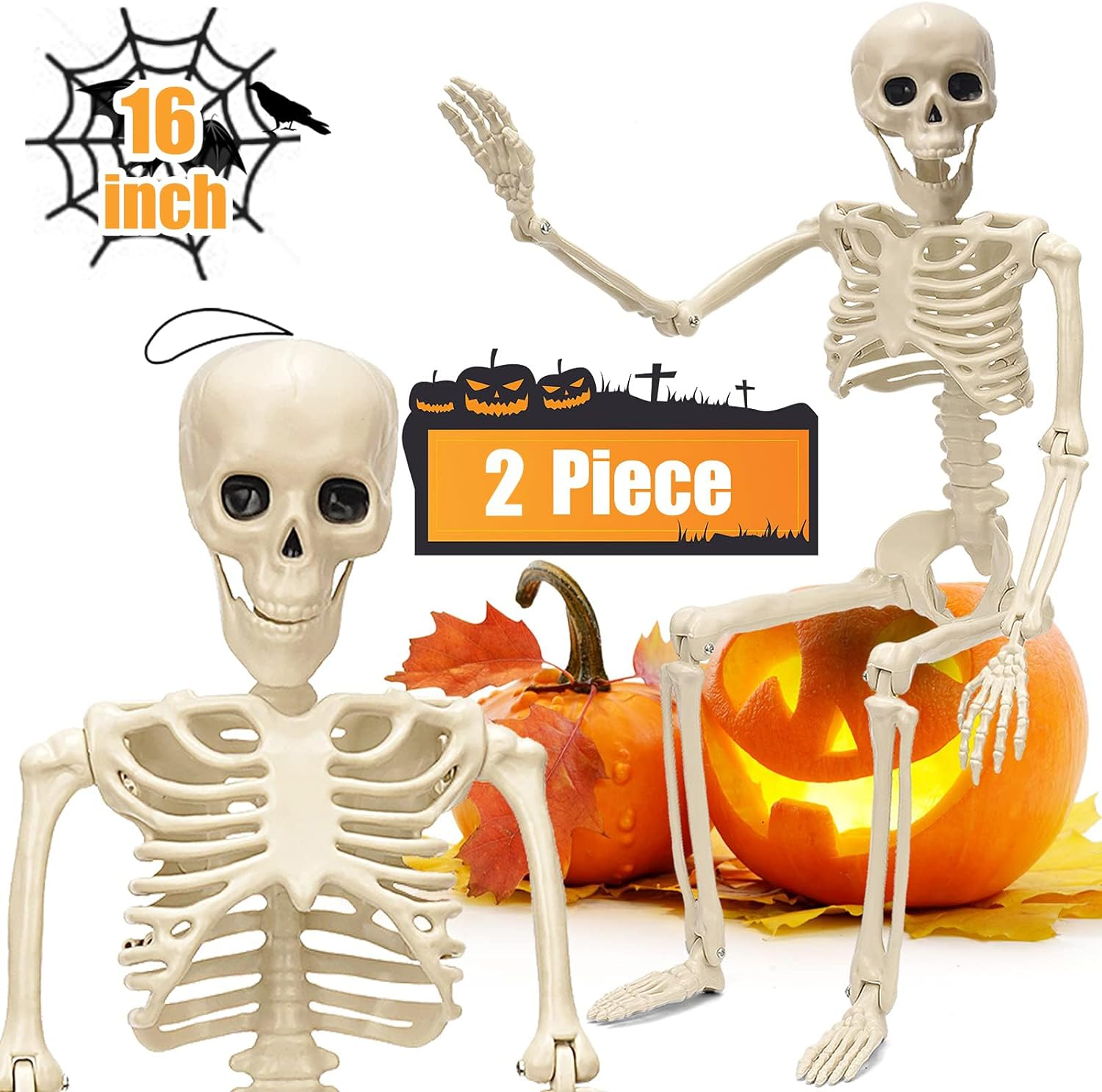 2 Pack Halloween Hanging Skeleton Decorations Full Body Posable Joints Skeletons 16 Inch Mini Skeleton Realistic Human Plastic Bones Halloween Outdoor Indoor Decoration, Halloween Skeleton Decor Movable for Haunted House Props Halloween Party Decoration image number 2