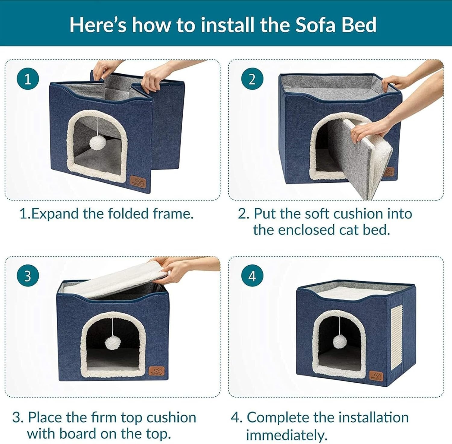 Agility Cat Bed for Indoor Large Cave with Fluffy Ball Hanging & Scratch Pad, Foldable Nest 41X41X35Cm (Blue) image number 1