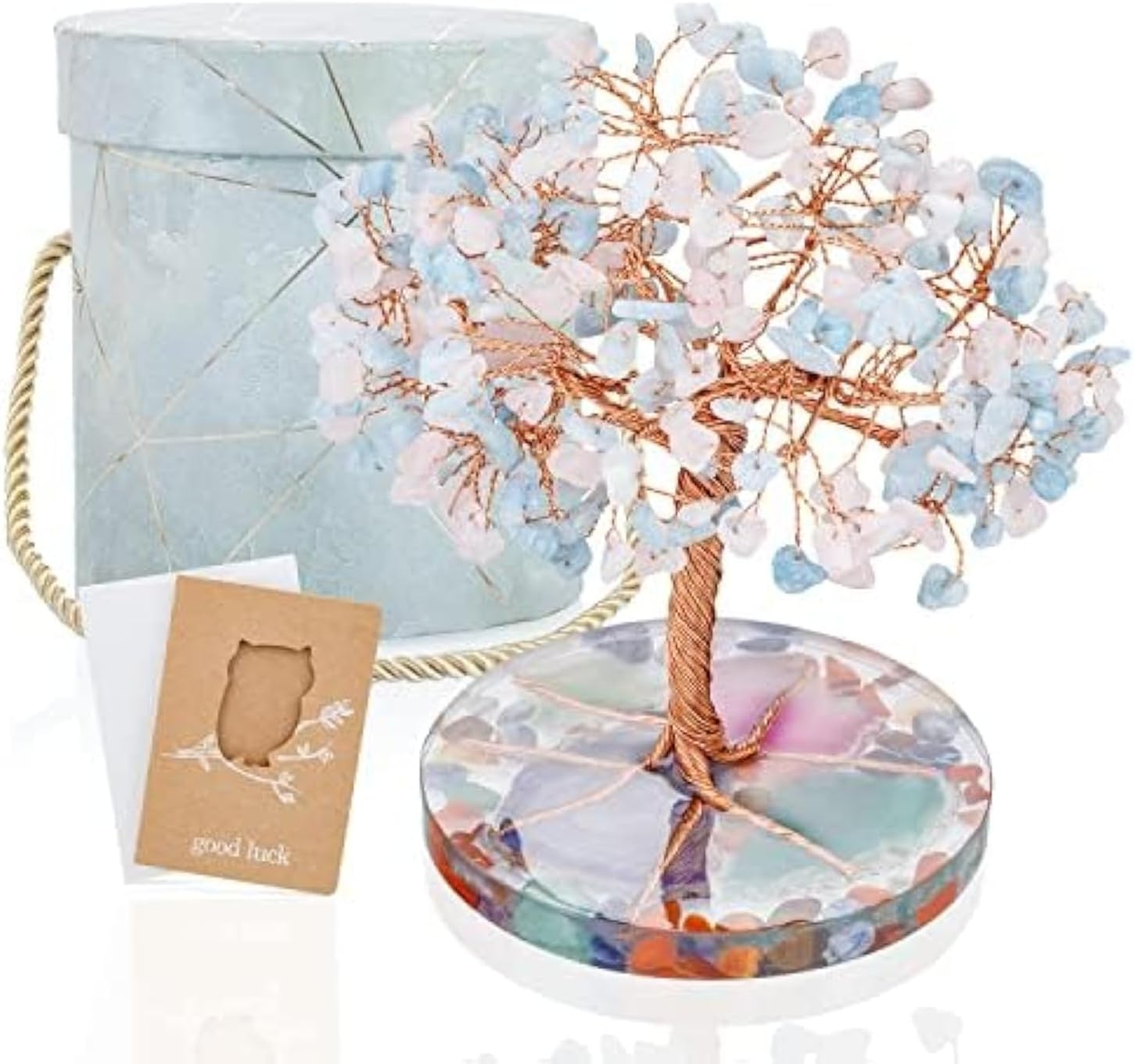 Zenbless 7 Chakra Healing Crystals Stones Tree, Colorful Crystal Stone Leaf Wire Wrapped on Natural Agate Slice Base, Home Office Desk Living Room Feng Shui Decoration for Wealth and Luck