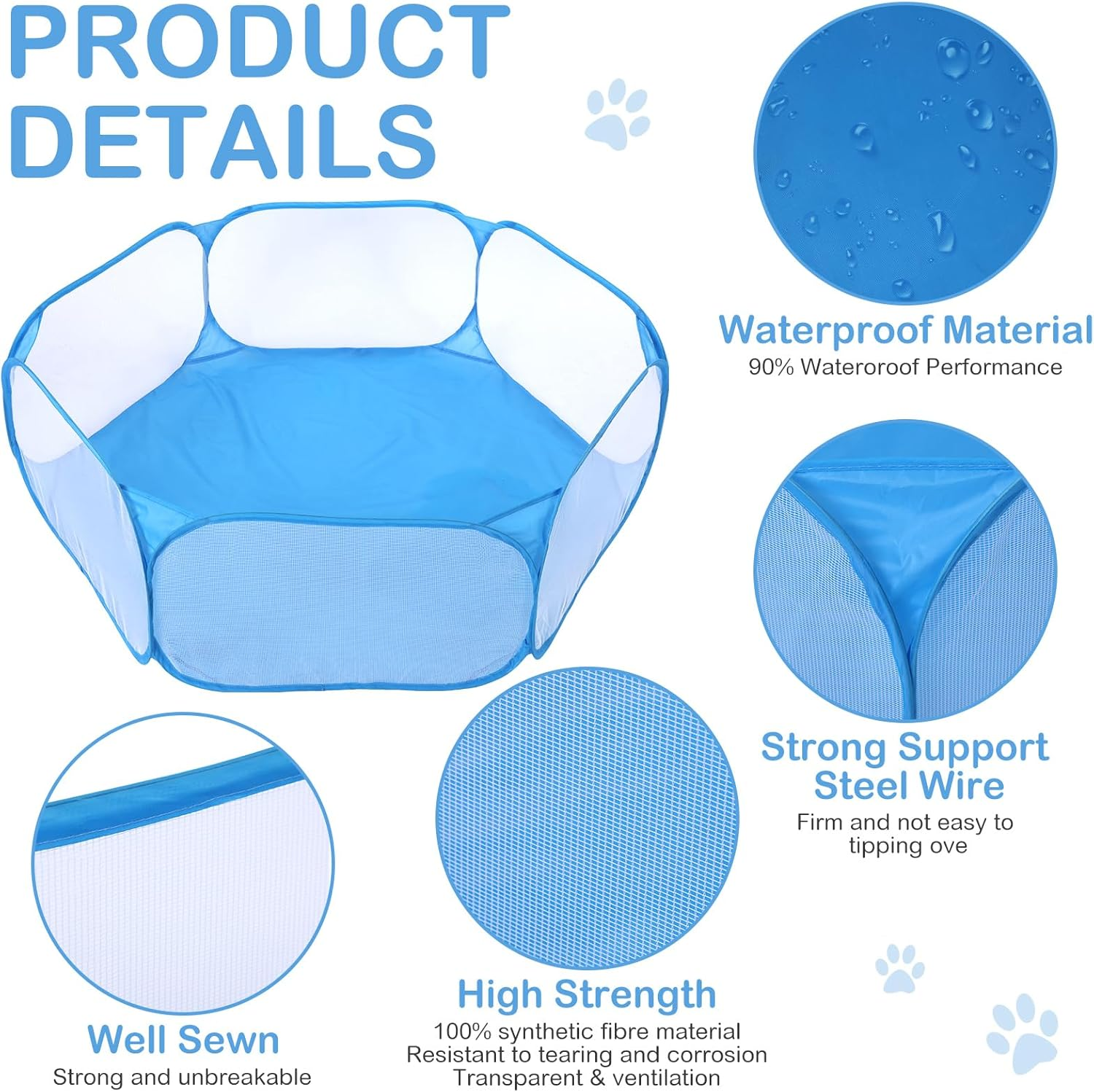 Vitalcozy Hamster Playpen with Mat Small Animal Cage Tent Breathable Transparent Guinea Pig Playpen Waterproof Portable Yard Fence Mat Foldable Exercise Playpen Outdoor Indoor (Blue,Star) image number 5