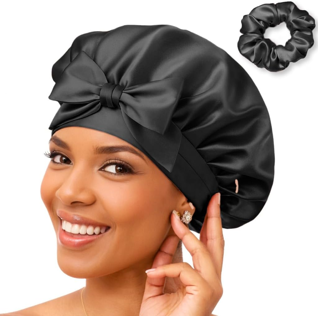 100% Mulberry Silk Bonnet for Sleeping Women &ndash; Made from Real, Pure Silk. Adjustable Hair Cap for All Hair Types and Sizes. Stays in Place Throughout the Night (Black) image number 3