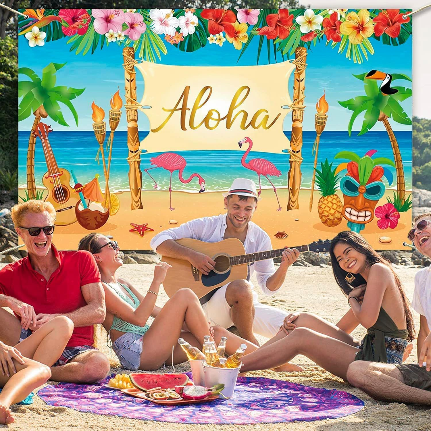Hawaiian Aloha Party Decoration, Extra Large Summer Luau Beach Party Banner Backdrop Background Photography for Birthday Musical Party Baby Shower Tropical Tiki Themed Decoration, 72.8 X 43.3 Inch image number 1