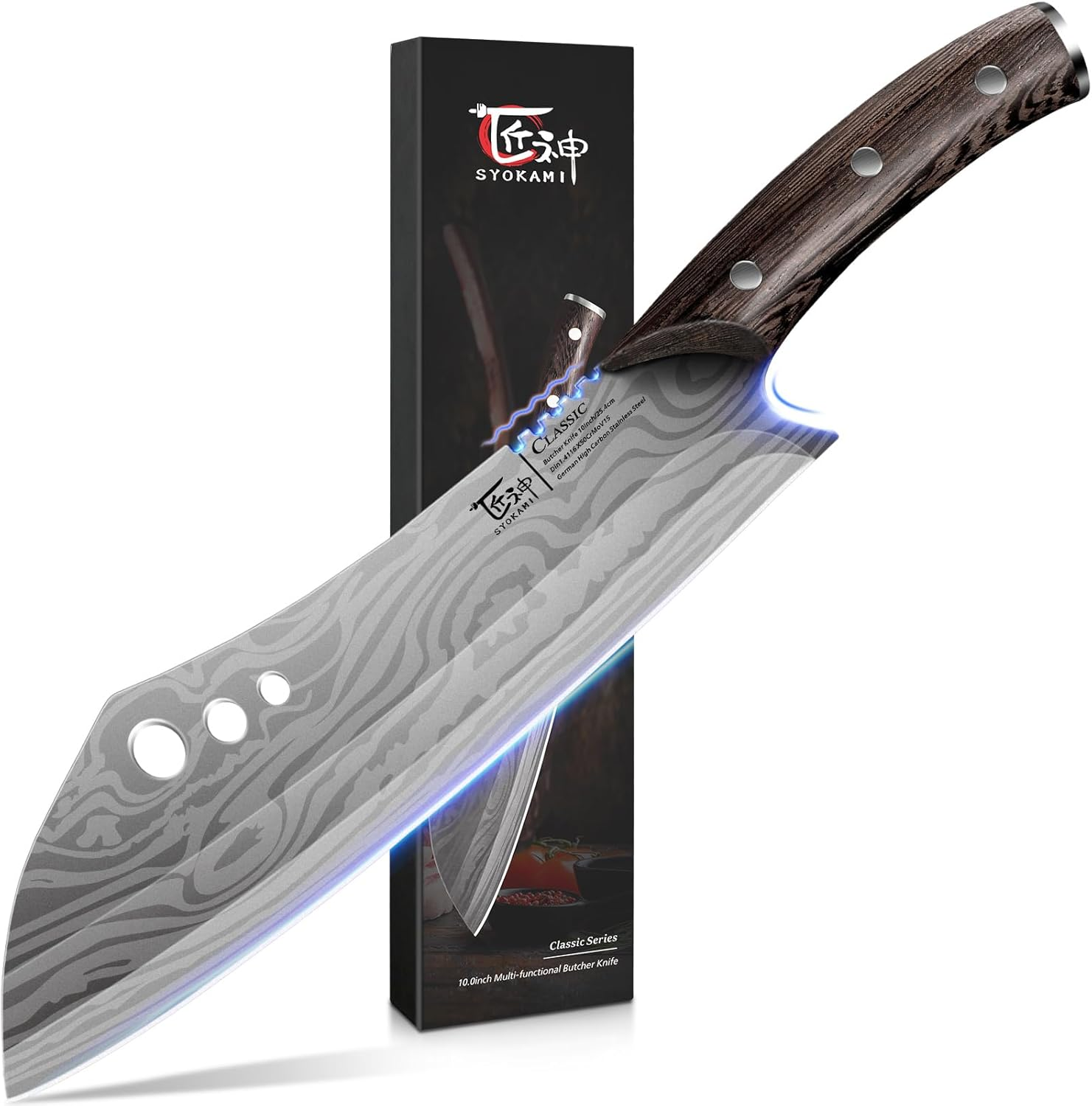 Butcher Knife, 10 Inch Meat Cleaver Chef Knife with Herb Stripper, Japanese Style High Carbon Steel Kitchen Knife for Chopping & Slicing, Damascus Pattern Full Tang Wood Handle Ideal for Gift