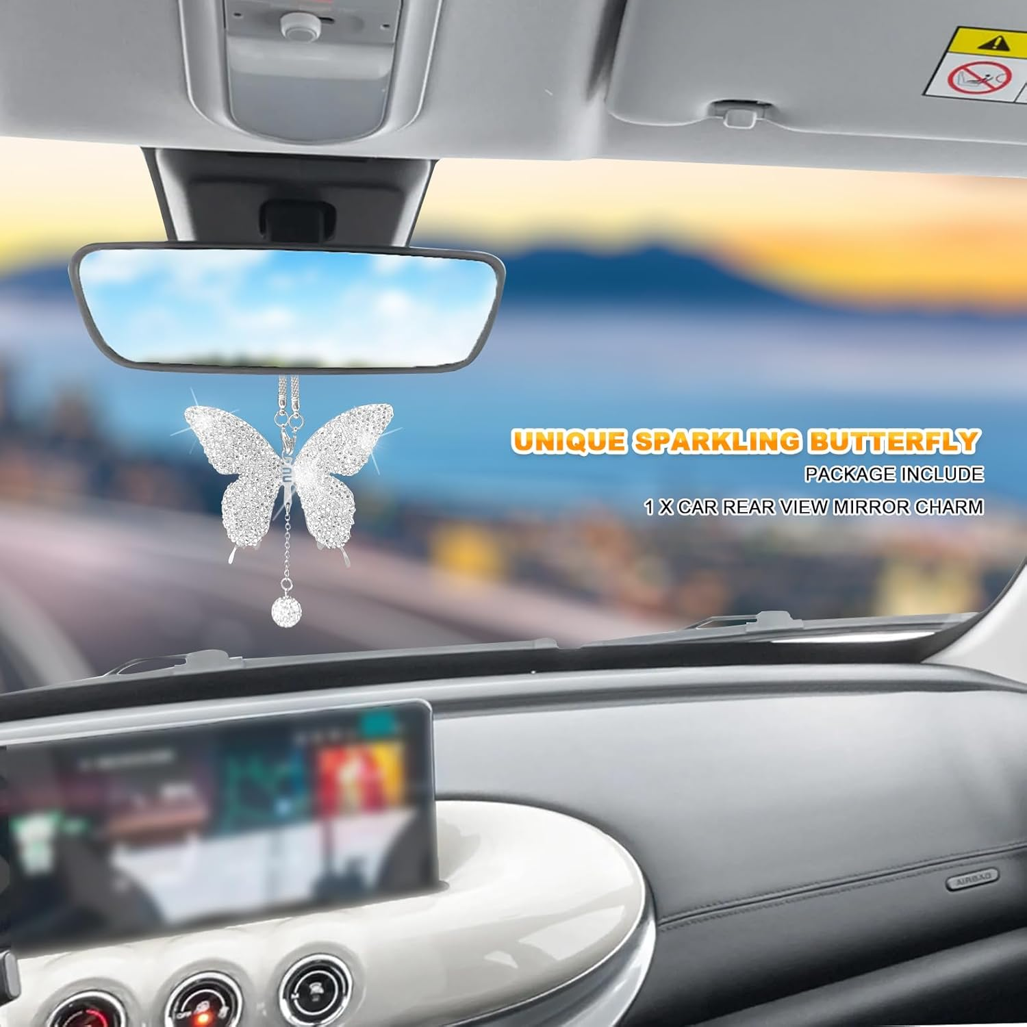 NOTISH Bling Butterfly Diamond Car Accessories, Crystal Car Rear View Mirror Charms, Charms Good Luck Gifts Amulet Ornament Hanging Interio Car Decoration for Women Interior(White) - Red image number 6