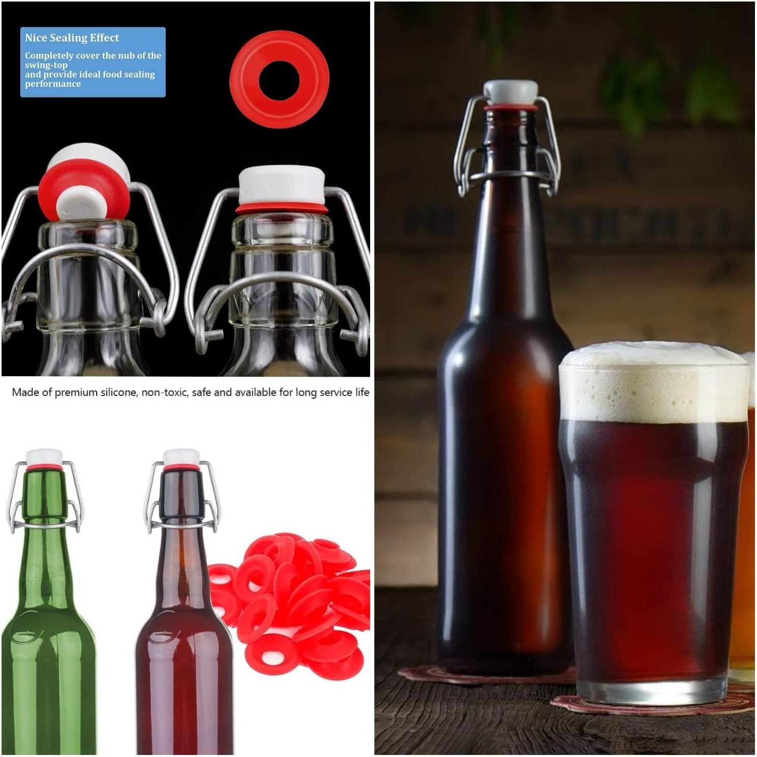 Taicols 25Pcs Beer Bottle Gasket, Silicone Rubber Gaskets Washer for Swing Flip Bottles Top Washers Leak Proof Seal Red EZ Cap Home Brew Liquor Soda O High Pressure Leakproof Replacements Sealing image number 3