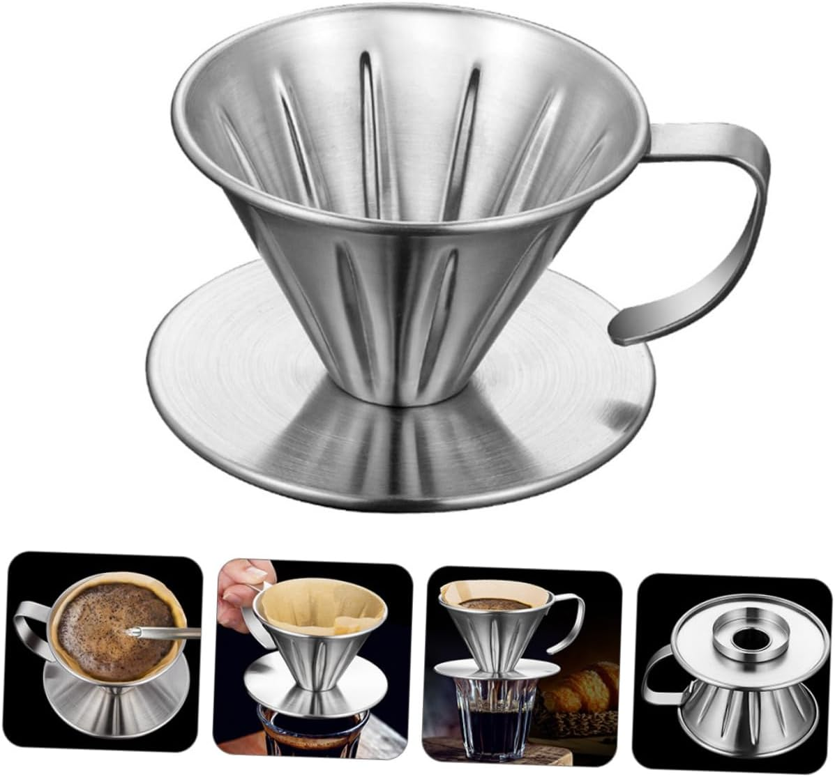 Stainless Steel Coffee Filter and Tea Strainer, Reusable Handheld Drip Filter Funnel with Non-Slip Base for Home Brewing and Tea Making