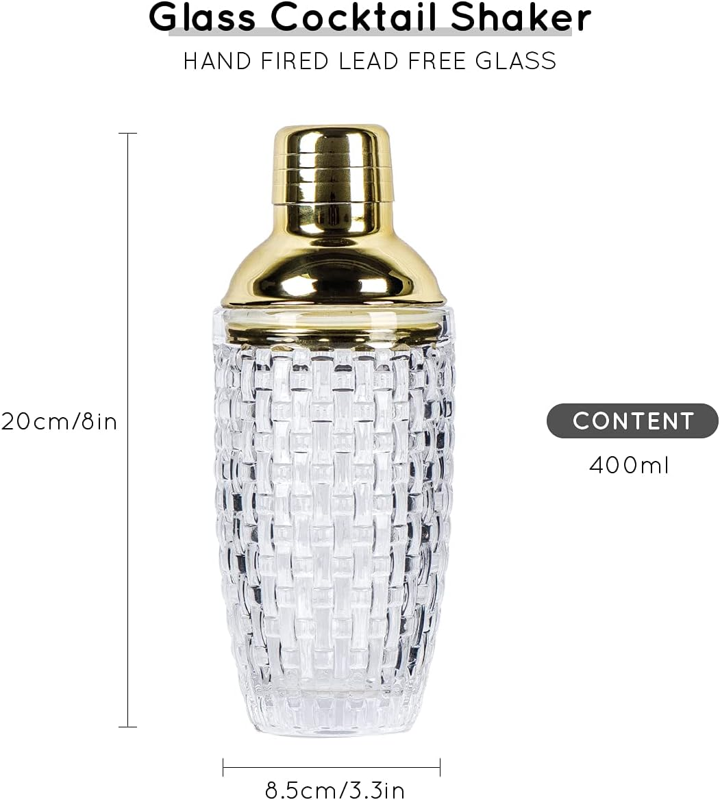 Glass Cocktail Shaker Kit, 13 Ounce Martini Mocktail Making Set with Leakproof Metallic Steel Lid & Strainer for Home Use & Bar Cart Gold image number 2