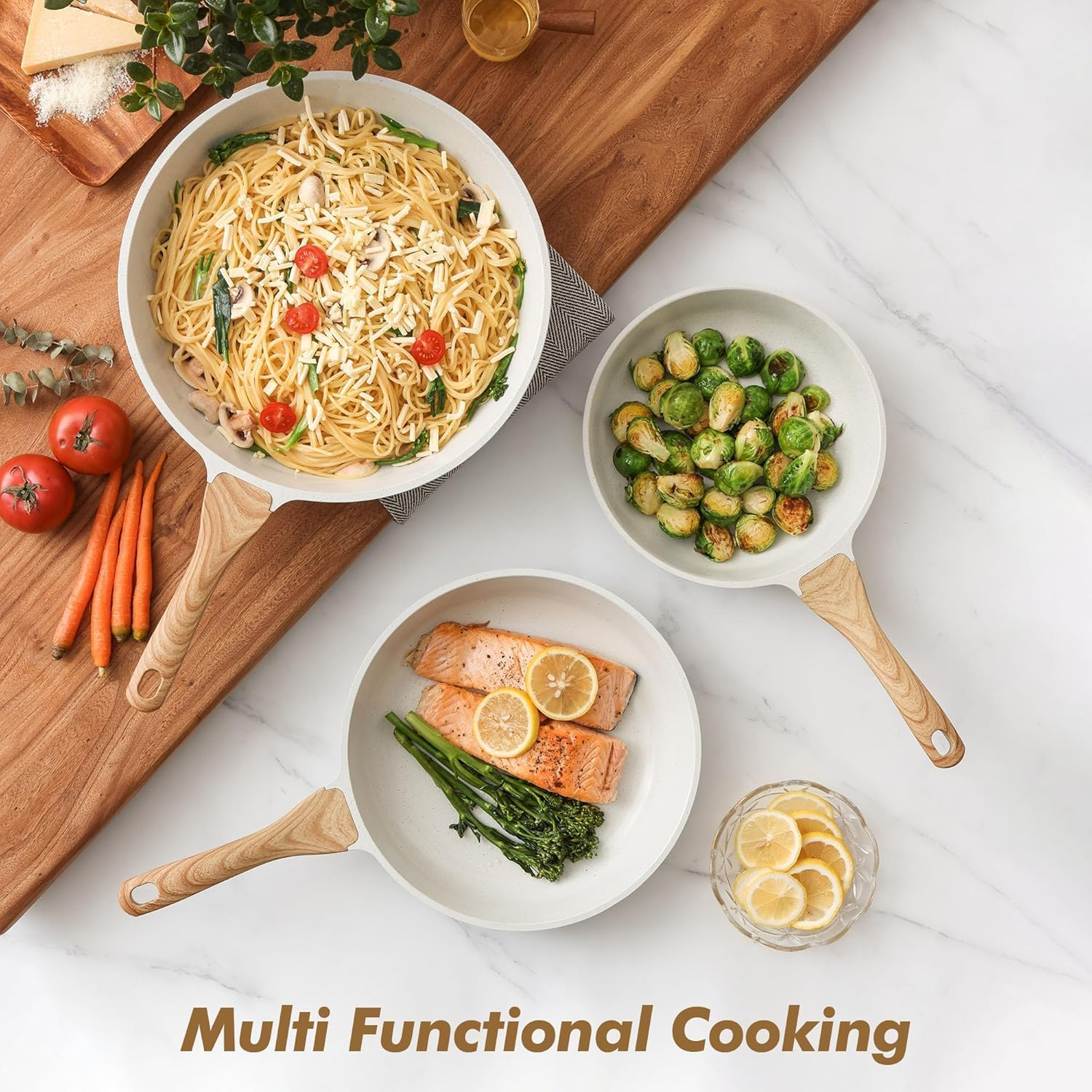 Lynn Jade Nonstick Frying Pan Skillets, White Ceramic Coating Omelette Pans, Healthy Cookware Chef'S Pan, Free of PTFE & PFAS (20+24+28Cm) image number 4