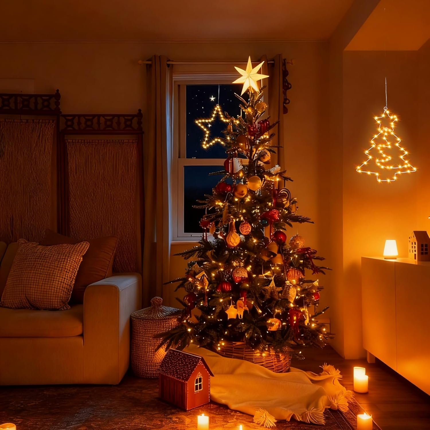 Hopelit Pack of 3 LED Star Window Decoration Hanging 45 LED Warm White Christmas Lights Window Battery Operated 8 Modes IP44 Waterproof Christmas Decoration Window Light Curtain - Star image number 2