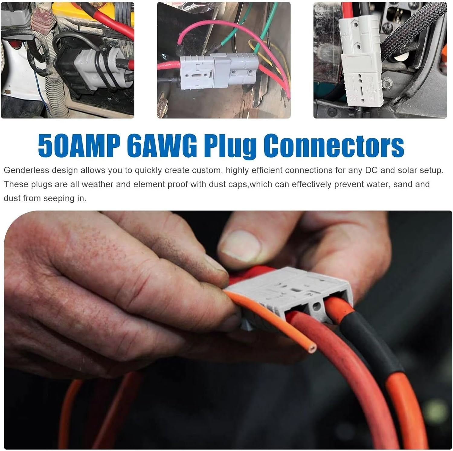 50 Amp 10 Pcs Anderson Plug Connector Replacement for 6AWG with Dust Cover, Wire Harness Plug Kit for 12/24V DC Power Auto Solar Electrical Devices, Grey image number 4