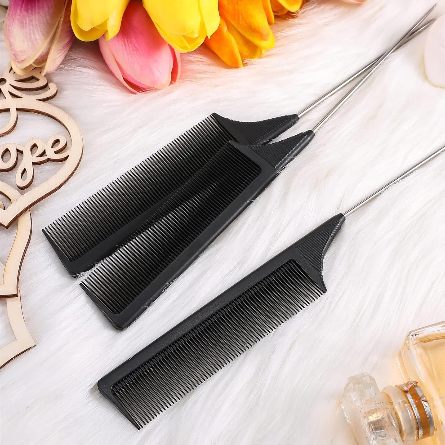 Set of 3 Black Rat Tail Combs - Heat Resistant Carbon Fiber Teasing Combs with Stainless Steel Pintail image number 2
