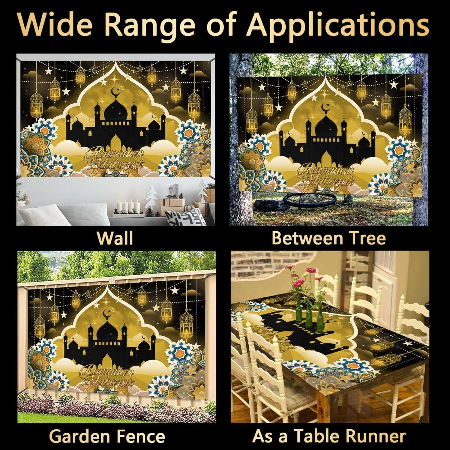 Ramadan Mubarak Banner, Extra Large Fabric Eid Kareem Background for Decorations, 72 X 44 Inch Star Moon Lanterns Castles Photo Booth Background for Islamic Muslim Al-Fitr Party Supplies image number 1