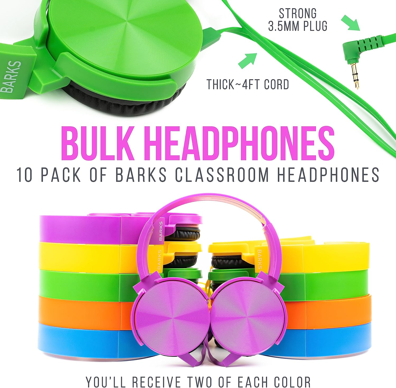 Bulk Classroom Headphones (10 Pack, Mixed Colors) - On-Ear Premium Student Bulk Headphones: Perfect for Kids K-12, Schools & Class Sets (Colorful, Durable, Noise Reducing, Comfortable, Easy-To-Clean) image number 4