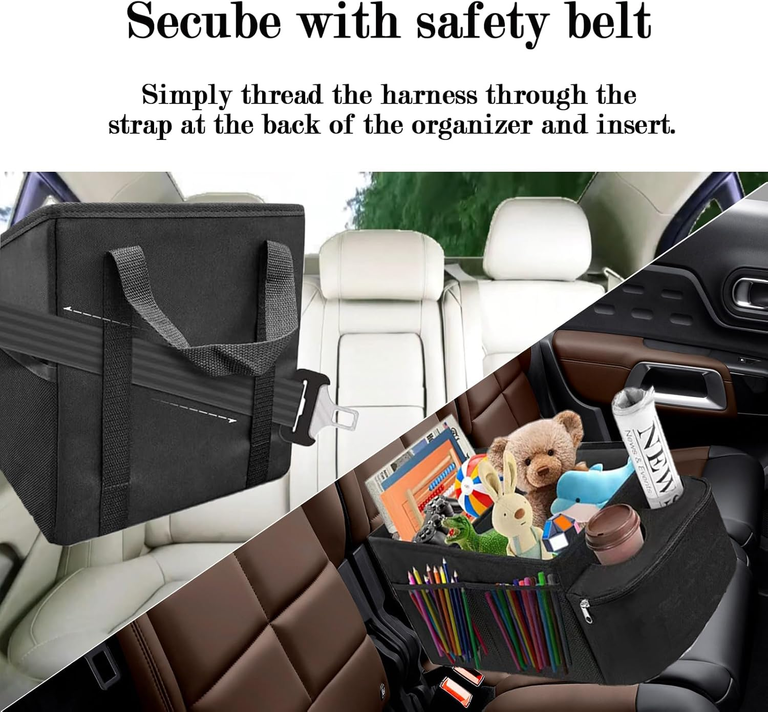 2Pcs Car Organizer, Car Seat Storage, Compartmentalized Storage with Cup Holders, Black