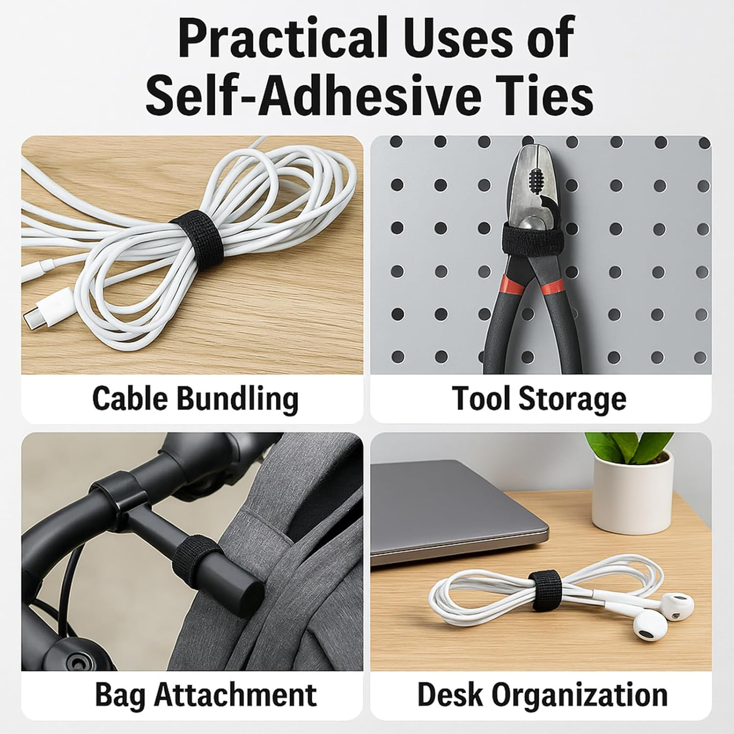 2Pack Reusable Self Ties - Multi-Purpose Holder Hook & Loop Cable Straps Wire Ties, Adjustable Fastening Organizer, Cord Wrap and Hook Loop Cords for Home and Office Organization,Black image number 6
