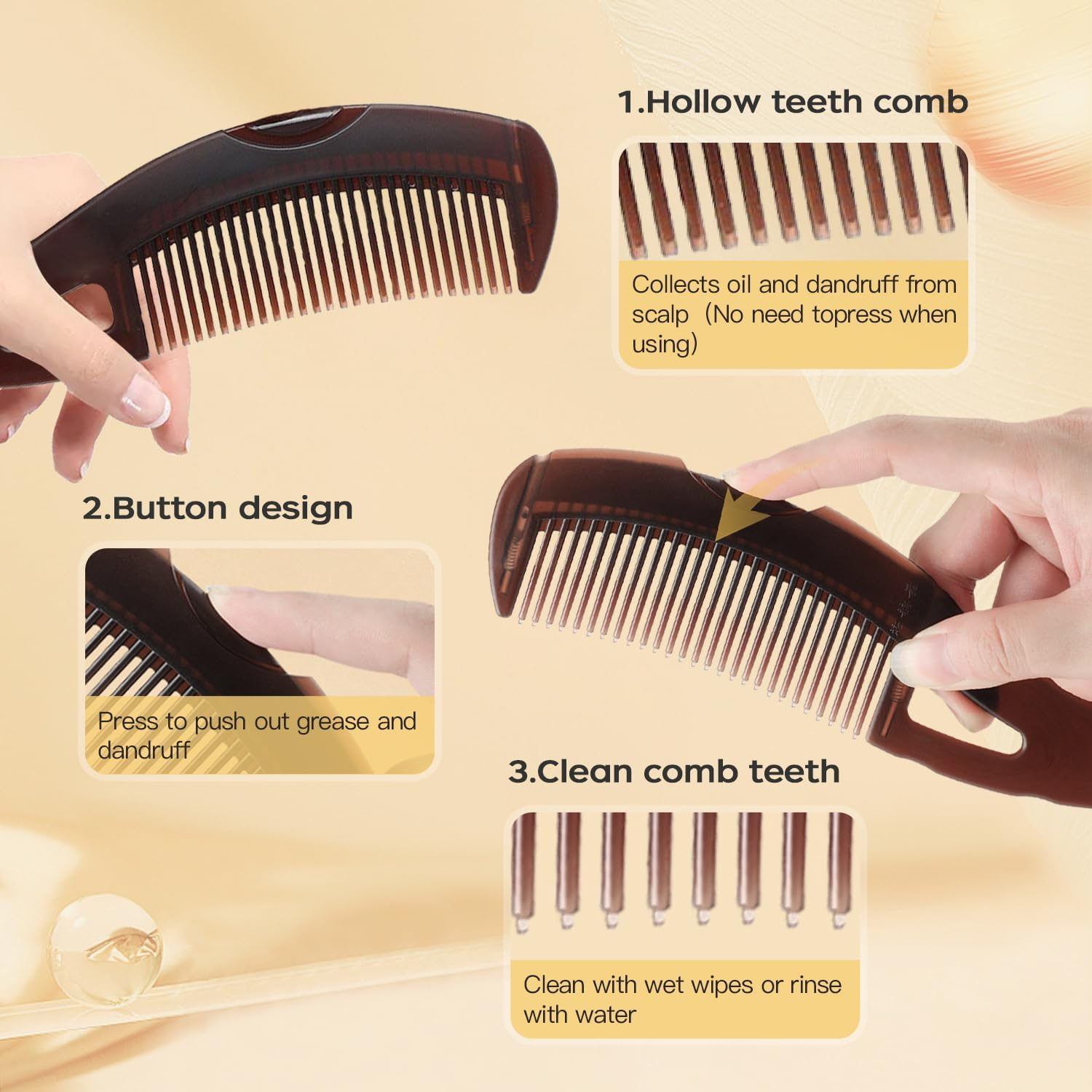 2 Pcs Energy Massage Comb, Dandruff Comb, Self-Cleaning, Plastic Brown Women'S Hair Comb for Scalp Massage, All Hair Types image number 4