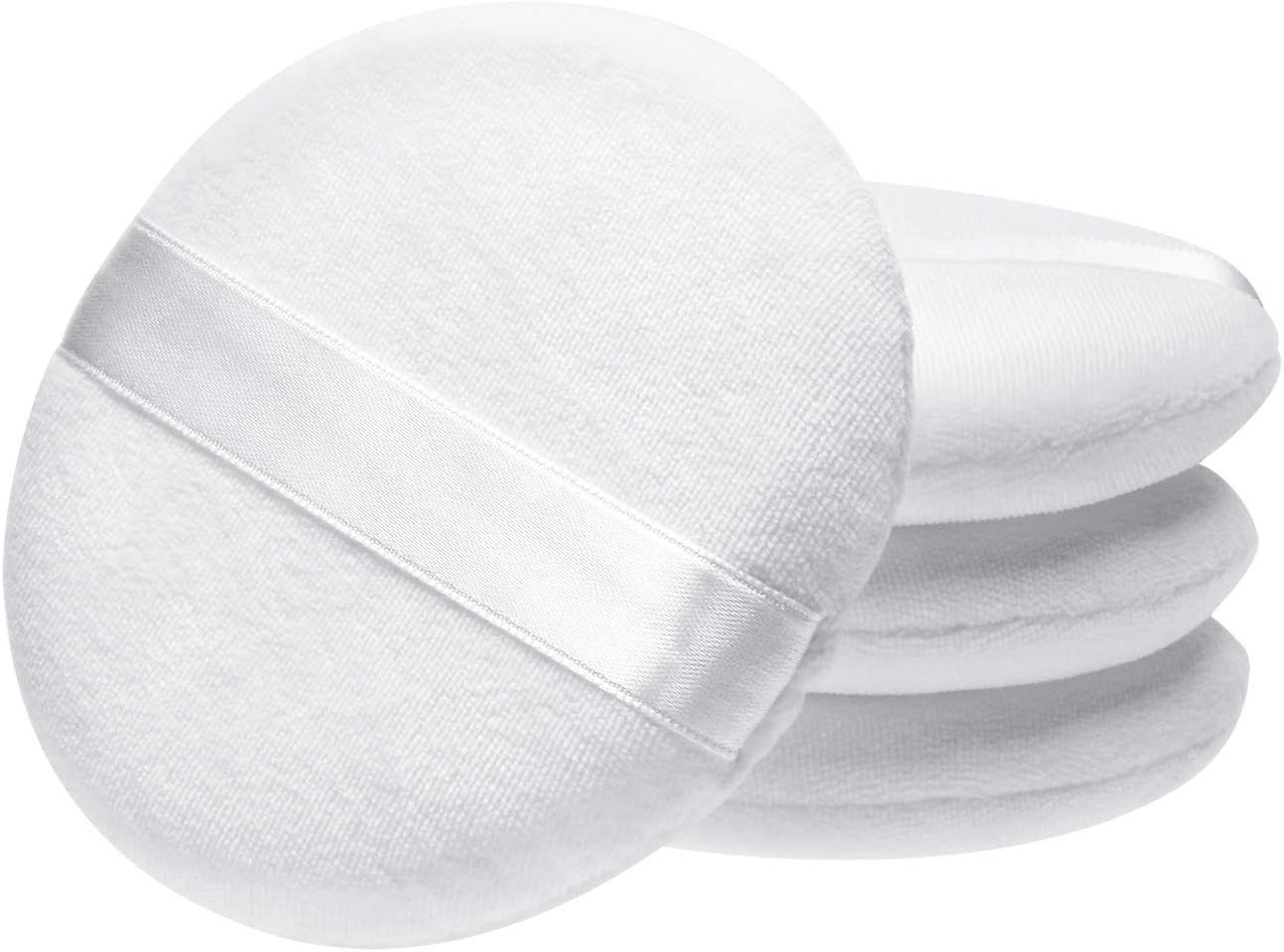 Shapenty 4PCS Soft Large round Loose Powder Puff Pad Washable Velour Smooth Bath Body Powder Puff with Ribbon Band Handle for Women Men Face Neck Makeup (4Inch, White) image number 5