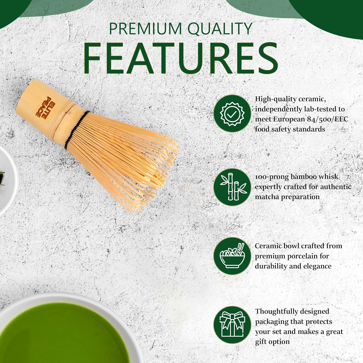 5-Piece Matcha Whisk Set - Bamboo Whisk Ceramic Matcha Bowl with Spout Stainless Steel Tea Sifter Scoop Whisk Holder & 2 Educational Cards - White Matcha Kit image number 1
