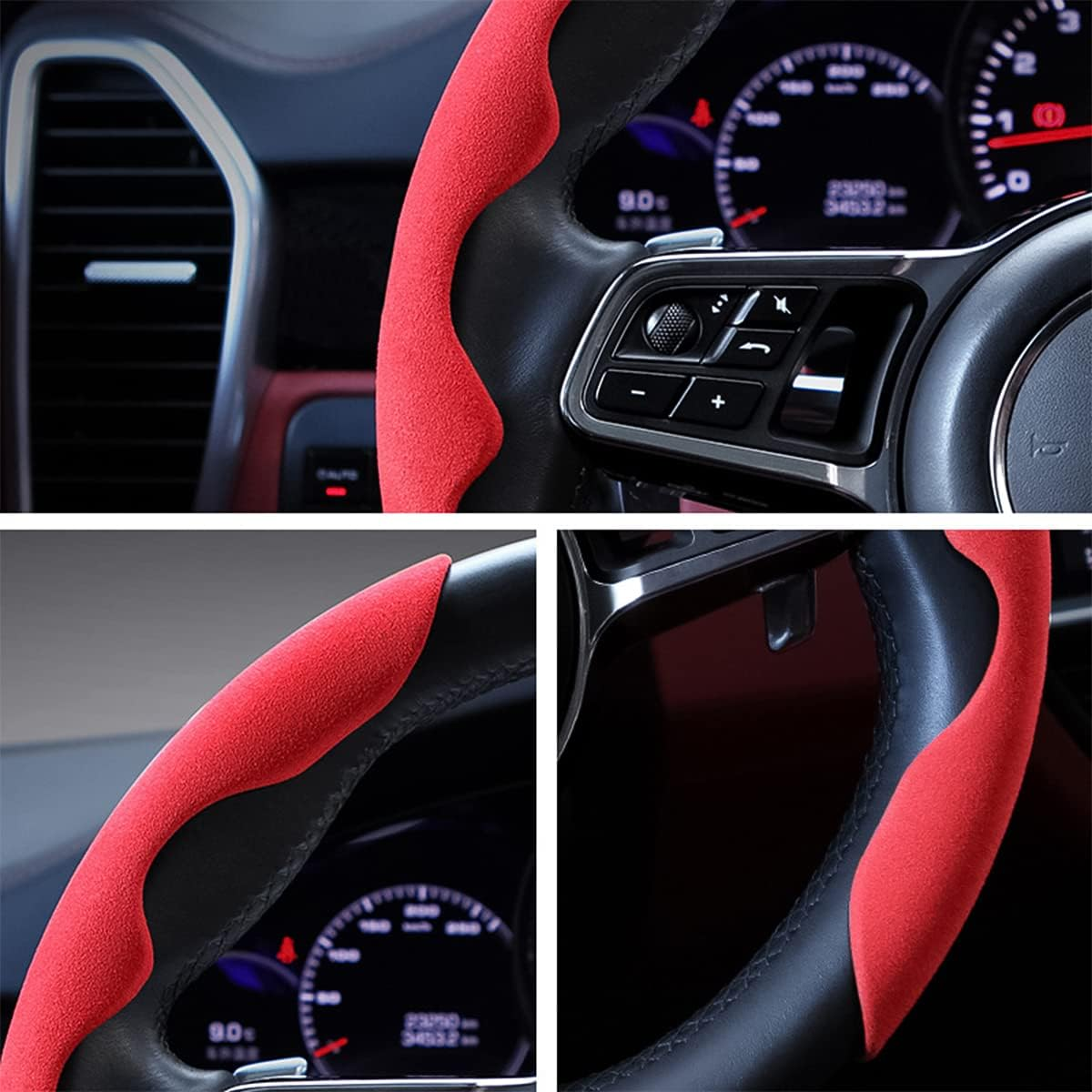 Car Steering Wheel Cover, Microfiber Suede Leather and Carbon Fiber Double Sided Design, Warm in Winter and Cool in Summer, Breathable Non Slip Segmented Protector for Most Cars (Turn Fur/Red) - Brown/Black image number 3