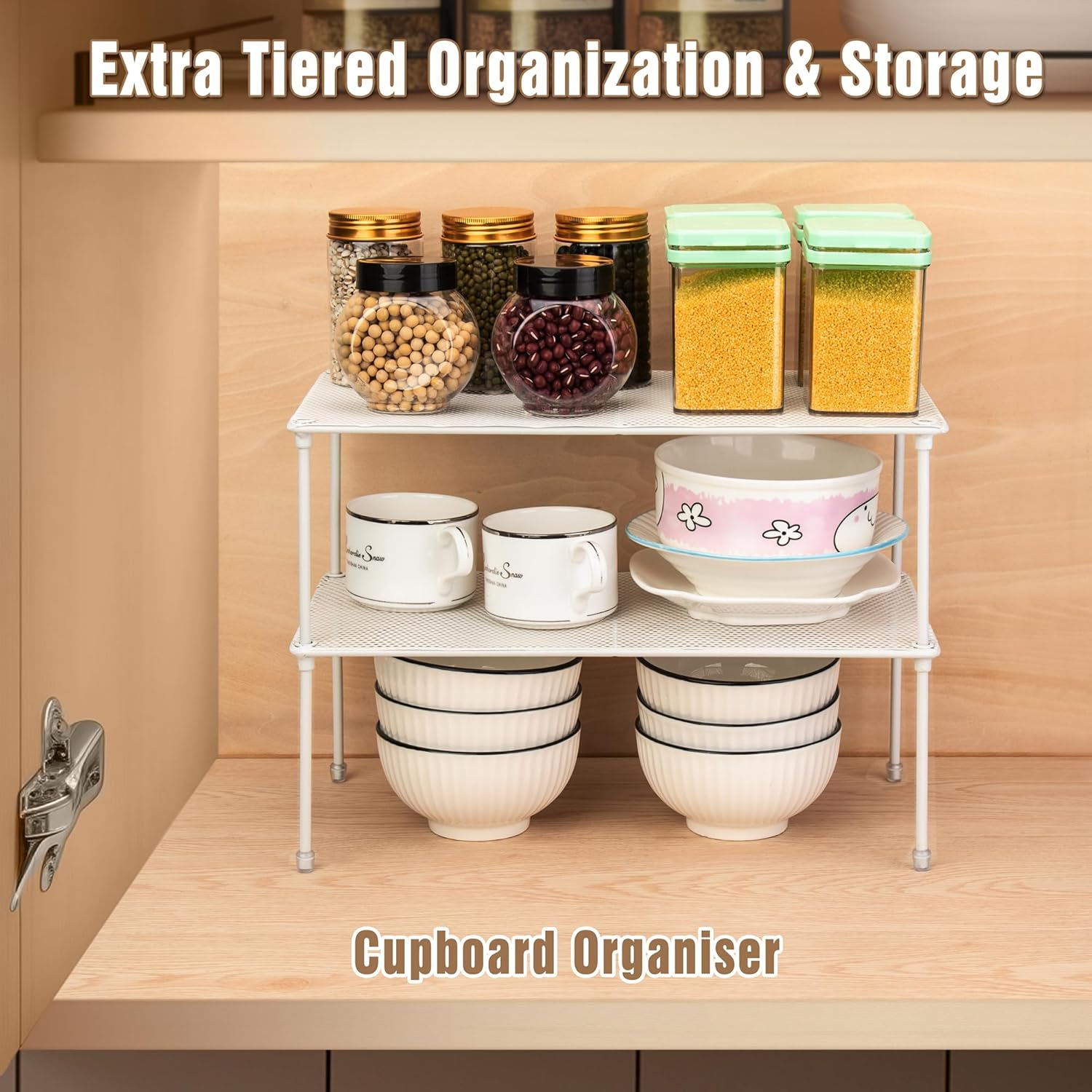 QIWODE Kitchen Cupboard Organiser, Spice Rack, Stackable Shelf, Space Divider Unit, Storage Stand for Kitchen, Pantry, Cabinet, Desktop, Countertop, White image number 2