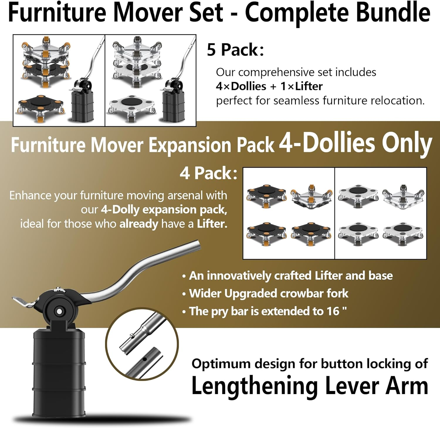 ONEON Furniture Mover Pro Set - Enhanced Dolly and Lifter with Custom TPE Wheels for Easy Furniture Lifting and Moving - Professional Tool for Effortless Furniture Transport (Black 4Dollies + 1Lifter) image number 4