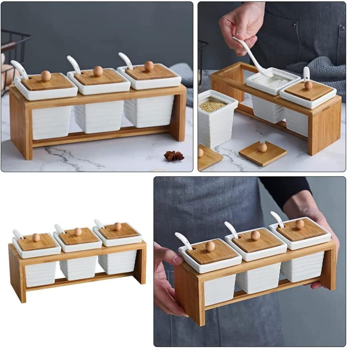 Ceramic Jar, Salt Jar, Spice Jars with Spoon, Wooden Lid and Plate, Spice Container, Storage Jar, Sugar Bowl, Salt Pot, Ceramic Jar, Spices, Salt, Sugar Container for Kitchen at Home image number 5