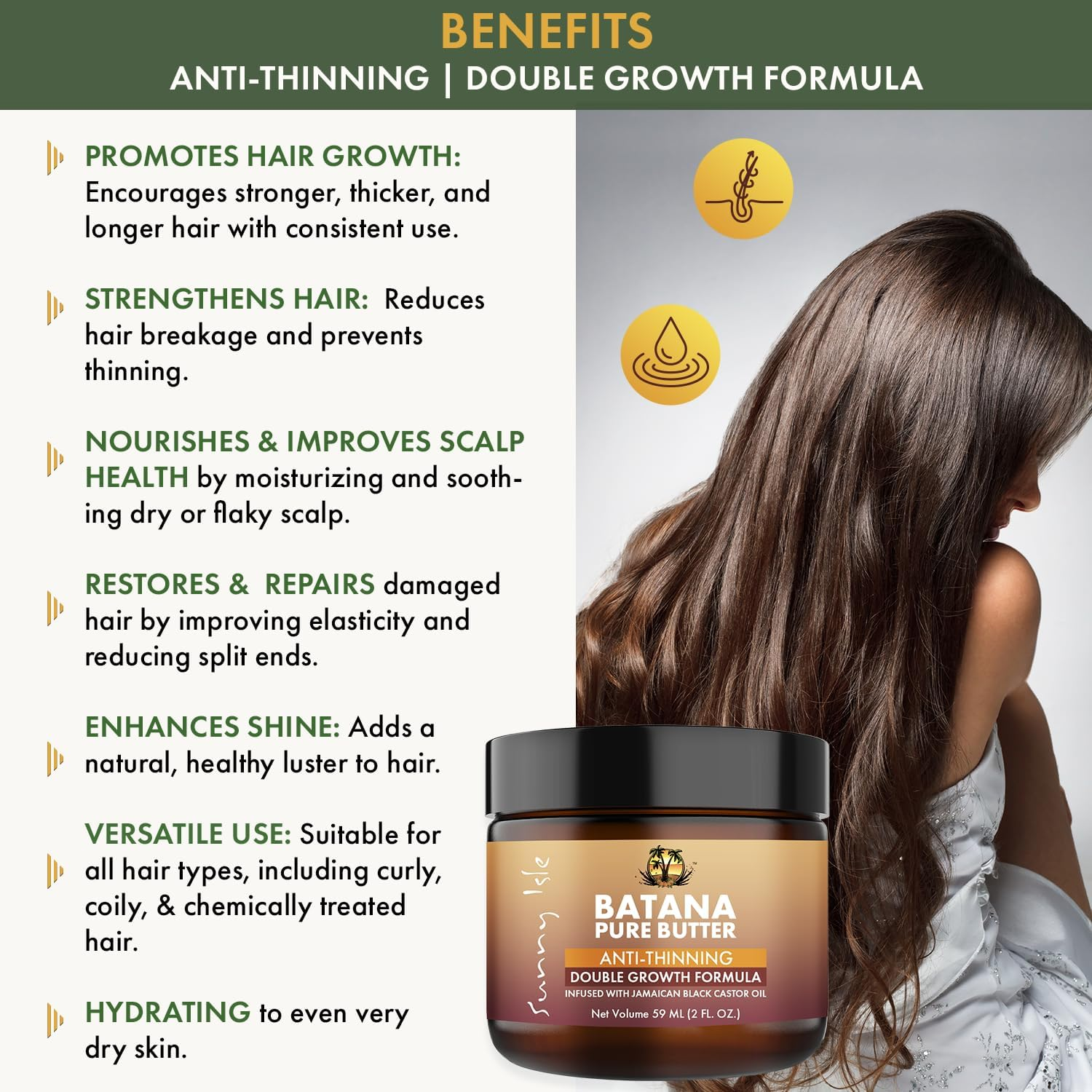 Sunny Isle Anti-Thinning Batana Pure Butter 2Oz | Infused with Jamaican Black Castor Oil | Double Growth Formula image number 1