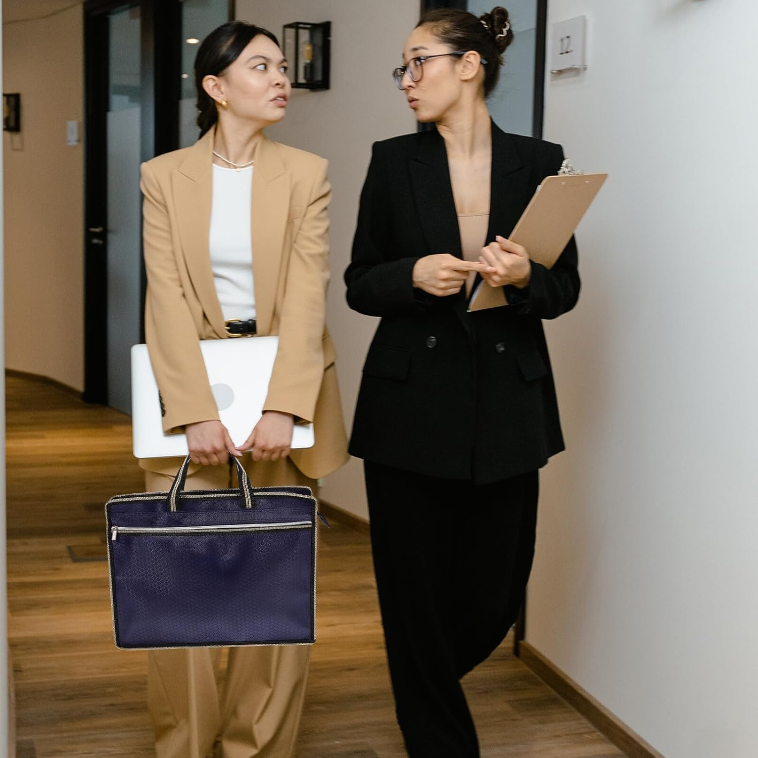 ELAYARD A4 Oxford Cloth File Pouch Double Zipper Canvas Document Holder Portable Office Folder with Pockets Navy Blue for Document Storage and Travel image number 6