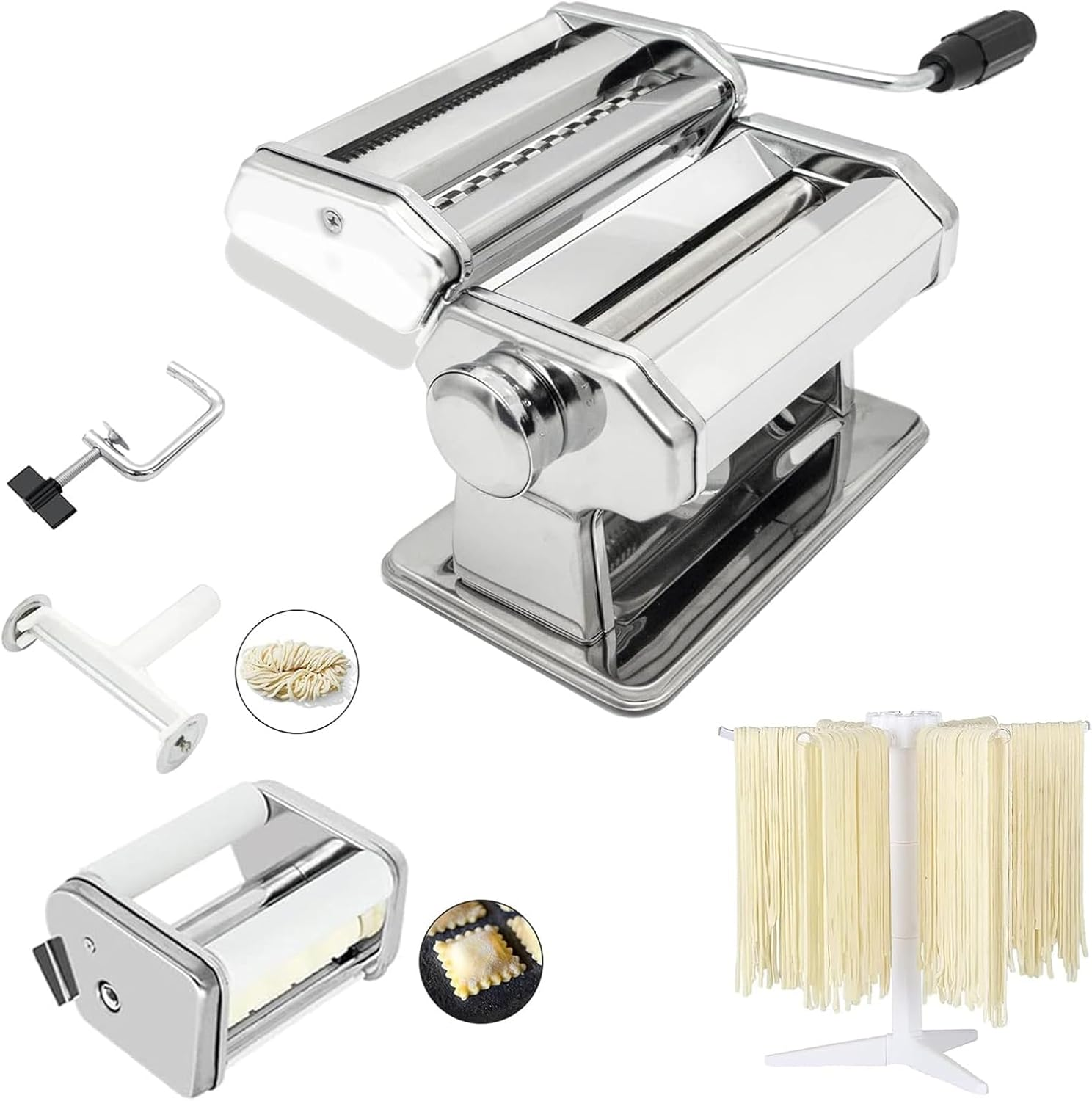 Master FENG Pasta & Ravioli Maker, Set of 6 Piece 150Mm Steel Noodle Maker Machine with 9 Adjustable Thickness Settings, Includes Ravioli Maker Attachment, Pasta Drying Rack
