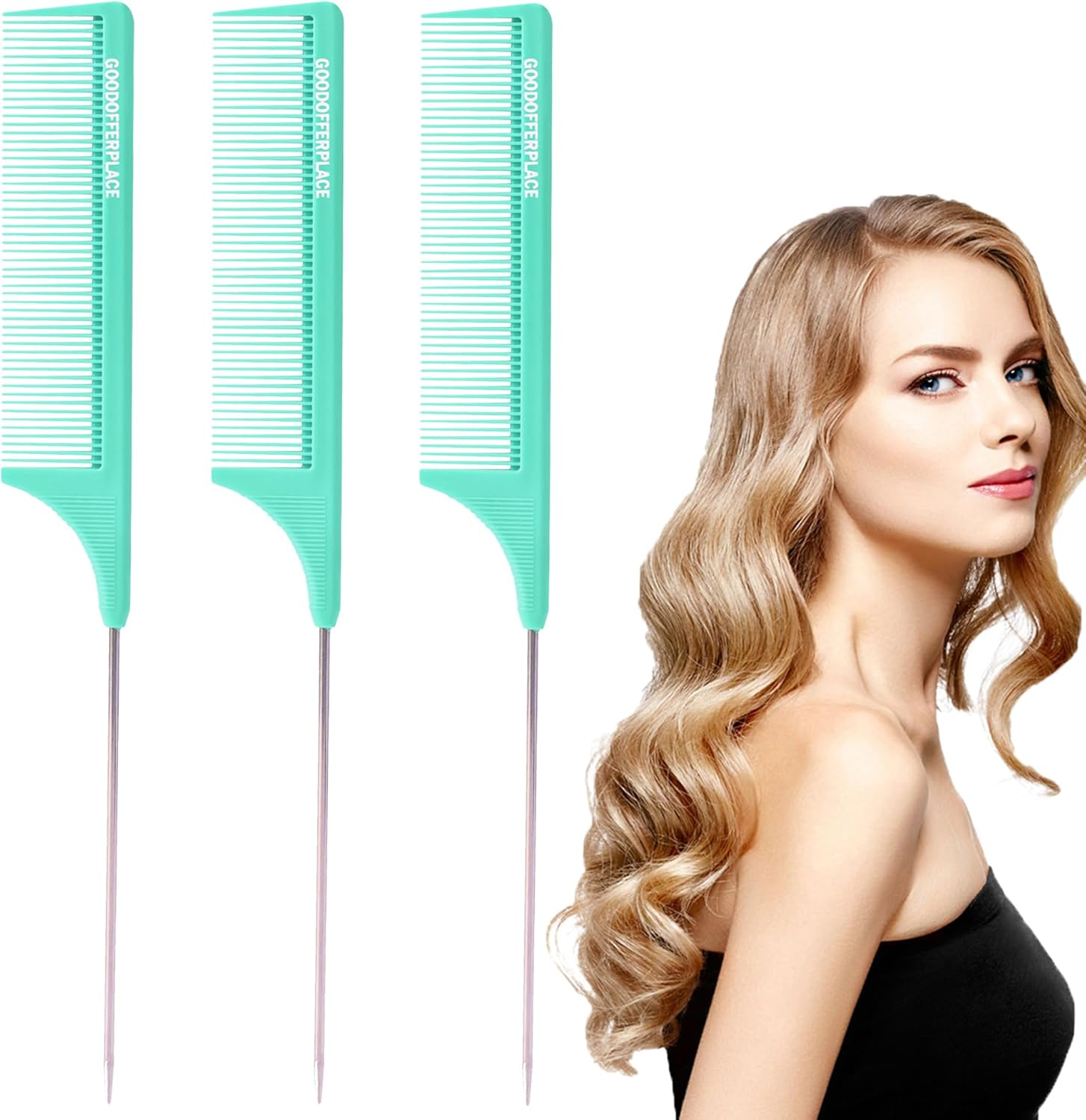Goodofferplace 3 PCS Rat Tail Combs: Parting, Rattail, Teasing Combs with Metal Pick for Curly Hair, Detangling, Braiding, Styling (Pink, Purple, Green)