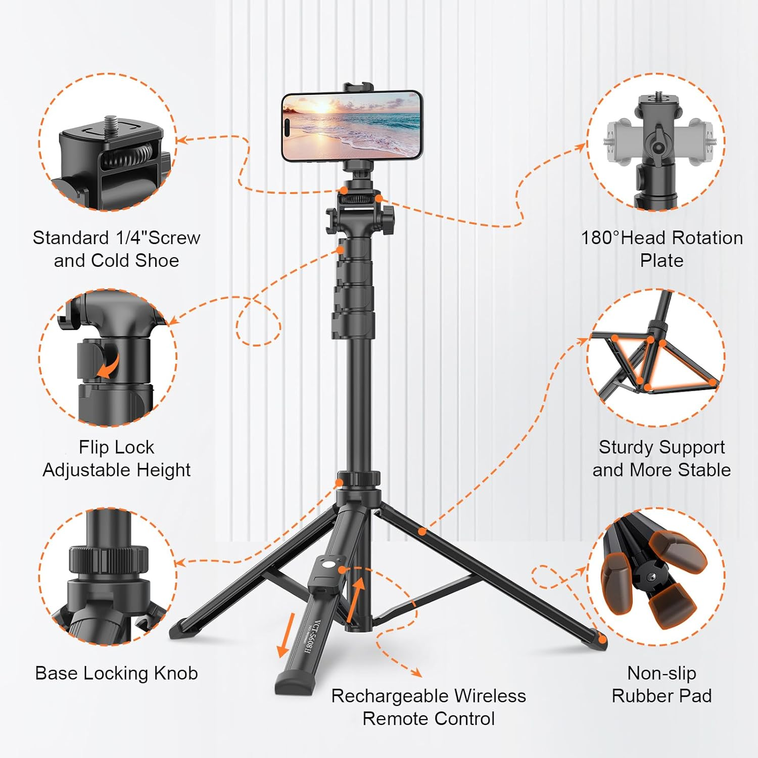 XXZU 67"/170Cm Phone Tripod,Camera Tripod Stand with Remote and Phone Holder, Premium Aluminum, Extendable, Lightweight Selfie Stick Travel Tripod for Iphone/Android Phone/Camera/Webcamera image number 2