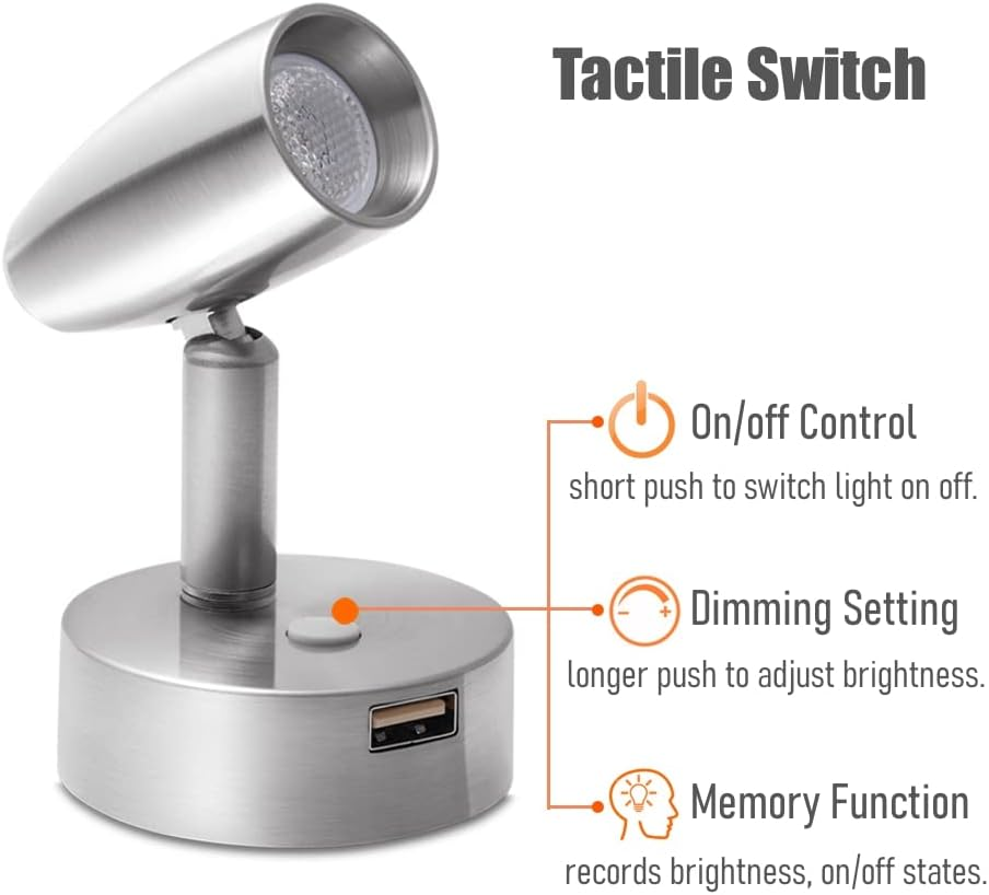 Obeaming RV 12V Reading Light Swivel LED Motorhome Spot Light with Quick USB Charger & Blue Nightlight, Campervan Caravan Boat Van, Aluminium 12-24VDC Hard-Wired, Nickel Finish image number 4