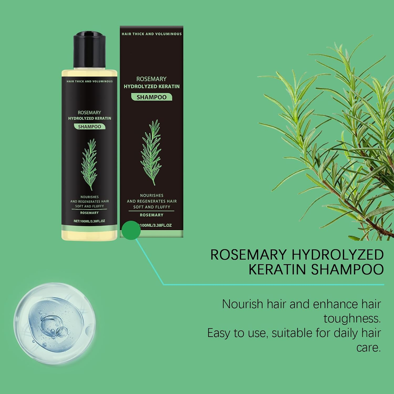 Rosemary Hydrolyzed Keratin Shampoo, Rosemary Leaf Oil Shampoo, Natural Thickening & Strengthening Sham-Poo, Soft and Fluffy for Men and Women Cleansing Conditioner (1Pcs) - 1Pcs image number 3