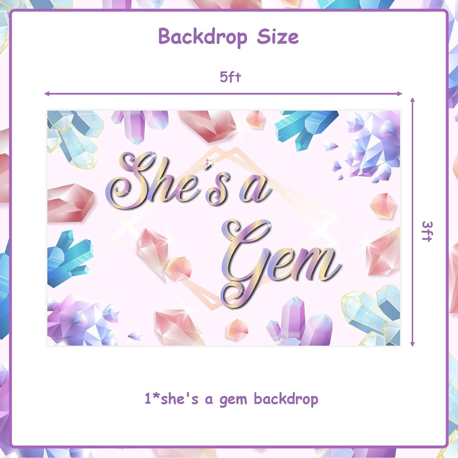Wonmelody Gem Party Decorations for Girls 5 * 3 Ft She'S a Gem Backdrop Banner Geology Birthday Party Backdrop Jewel Birthday Party Decoration for Colorful Rocks and Minerals Treasure Diamond Party image number 2