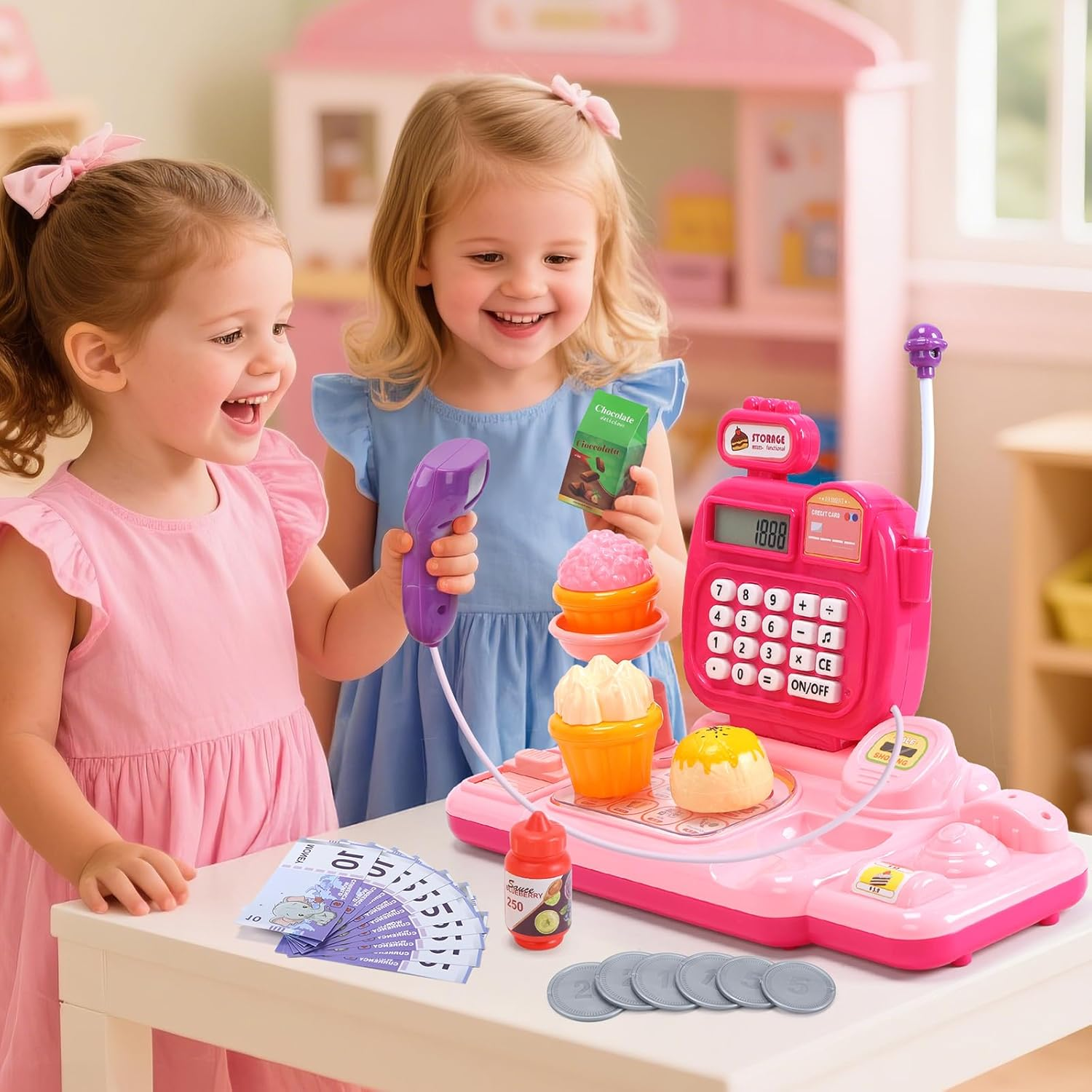 CUTE STONE Kids Toy Cash Register with Scanner & Play Food, Pretend Play Store Set with Real Calculator, Lights & Sounds， Interactive Play Cash Register for Toddlers Boys & Girls (Pink) image number 2