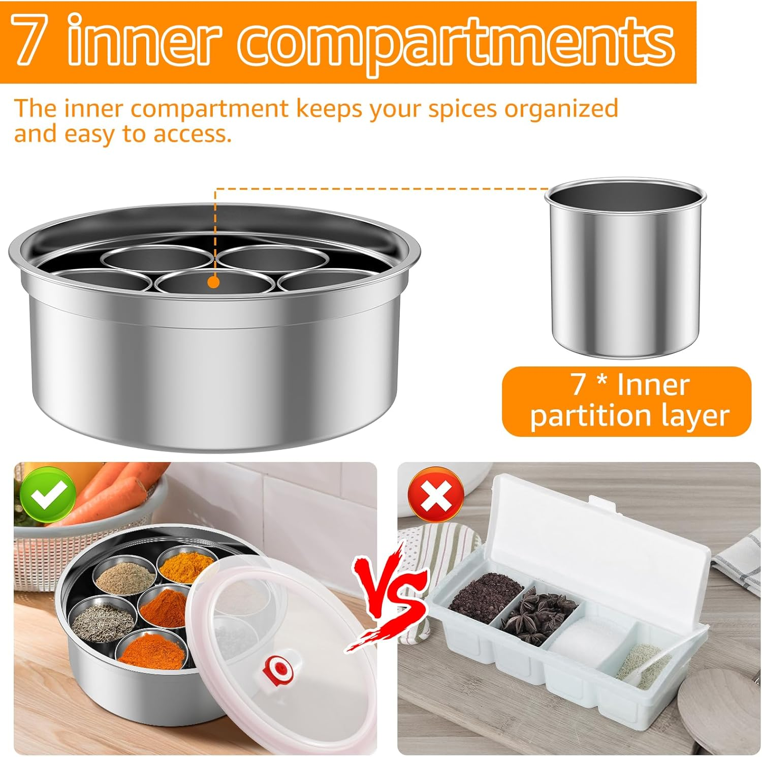 Masala Dabba Spice Box Stainless Steel Spice Containers Masala Dabba with 7 Compartments Indian Spice Box with Transparent Lid Indian Masala Dabba with Spoon 9.8&times;3.7Inch Kitchen Spice Storage Box ... image number 4