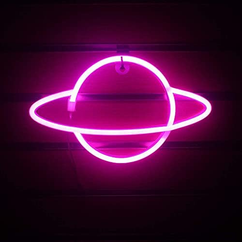 LED Neon Planet Wall Light, Battery or USB Operated, Pink, Decorative Hanging or Standing Light