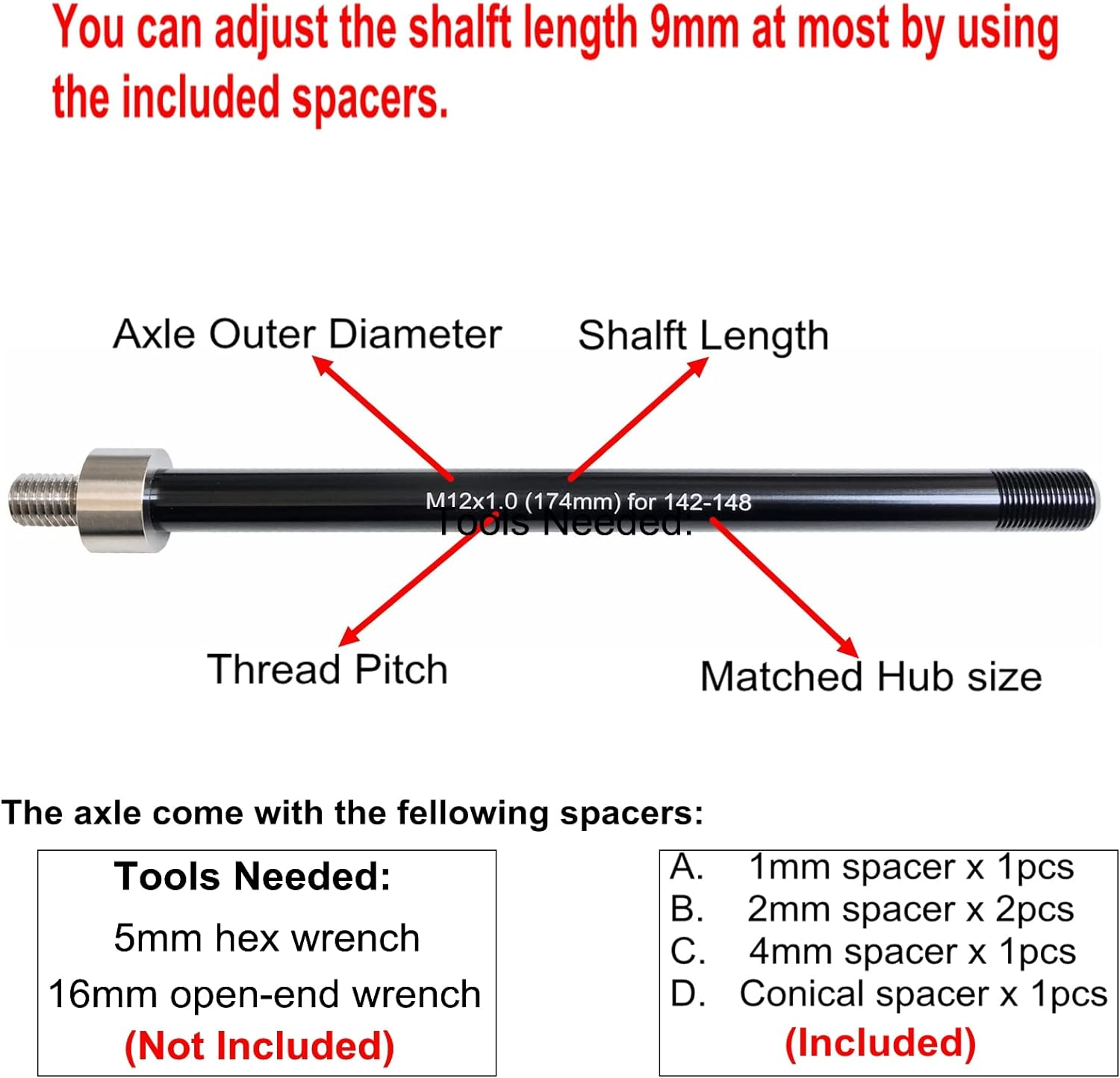 Bike Trailer Hitch Thru Axle Adapter 12Mm Thru Axle with 1.0/1.5/1.75 Thread Pitch Shaft Length 167~185Mm image number 3