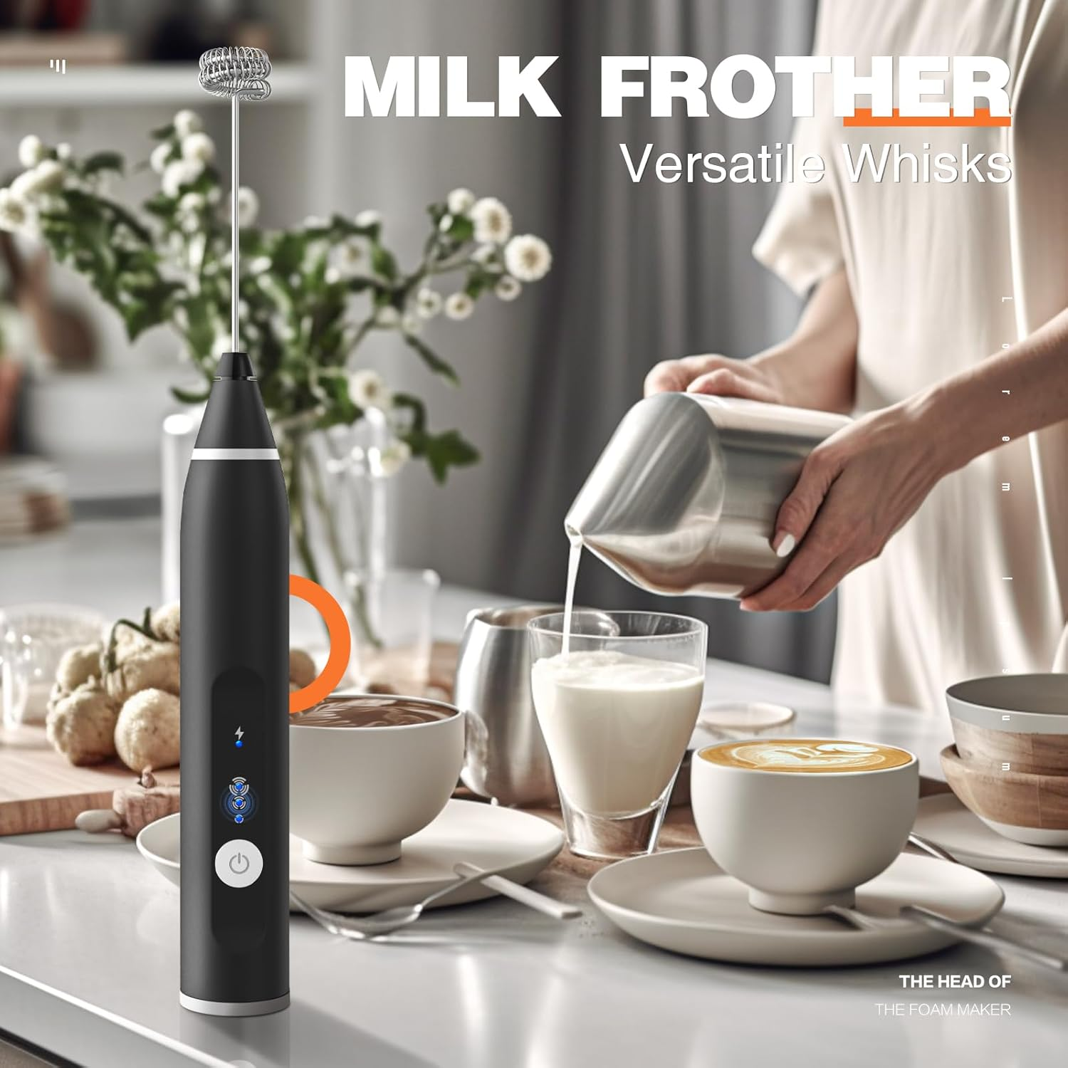 Milk Frother Rechargeable Handheld Electric Whisk Coffee Frother Mixer with 2 Stainless Whisks 3 Speed Adjustable Foam Maker Blender for Coffee Matcha Latte Cappuccino Hot Chocolate（Black） - A-Black image number 3