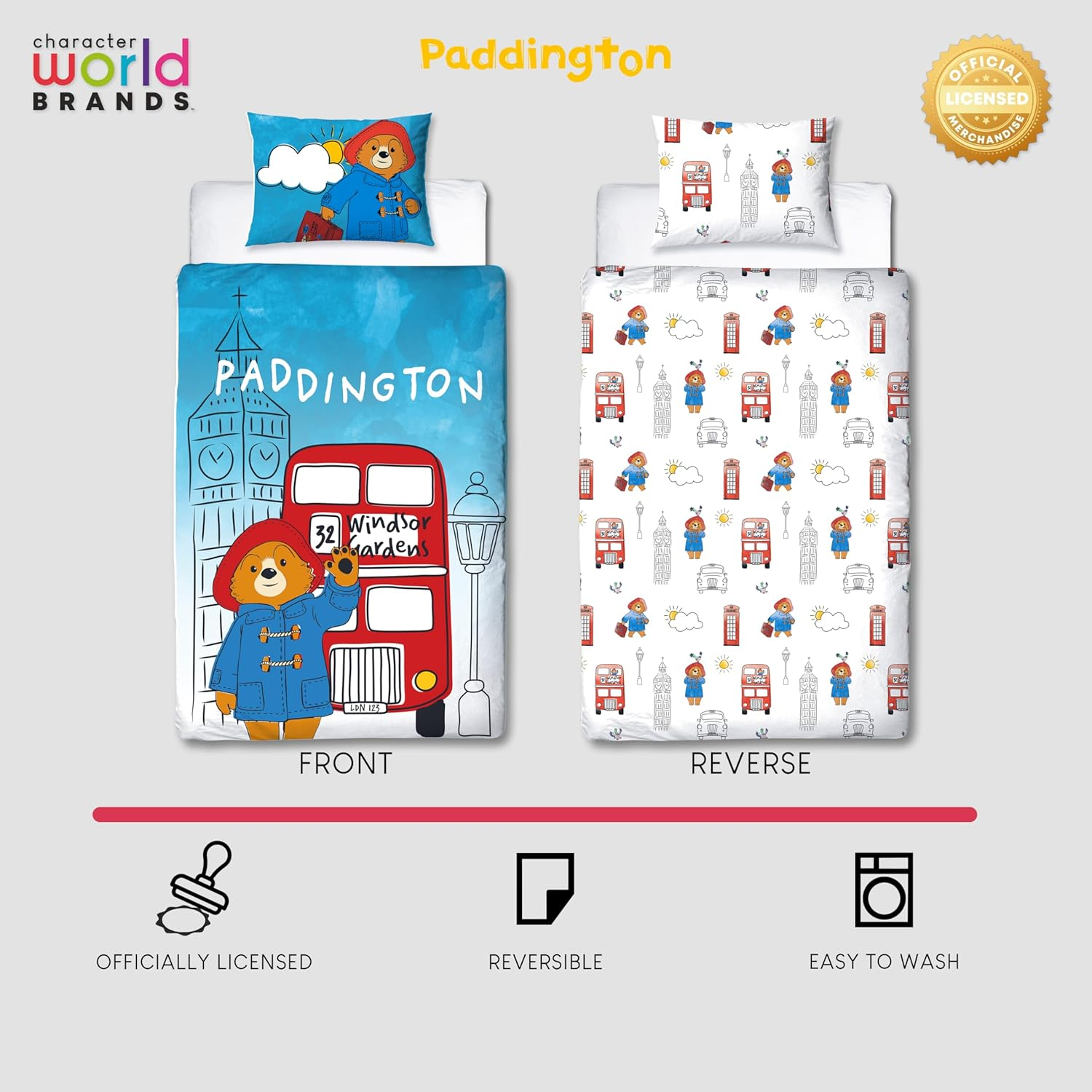 Character World Official Paddington Bear&trade; Single Duvet Cover Set | 2 Sided Reversible Station Design | Matching Pillowcase | Single Bed Set | White and Blue, Polycotton image number 6