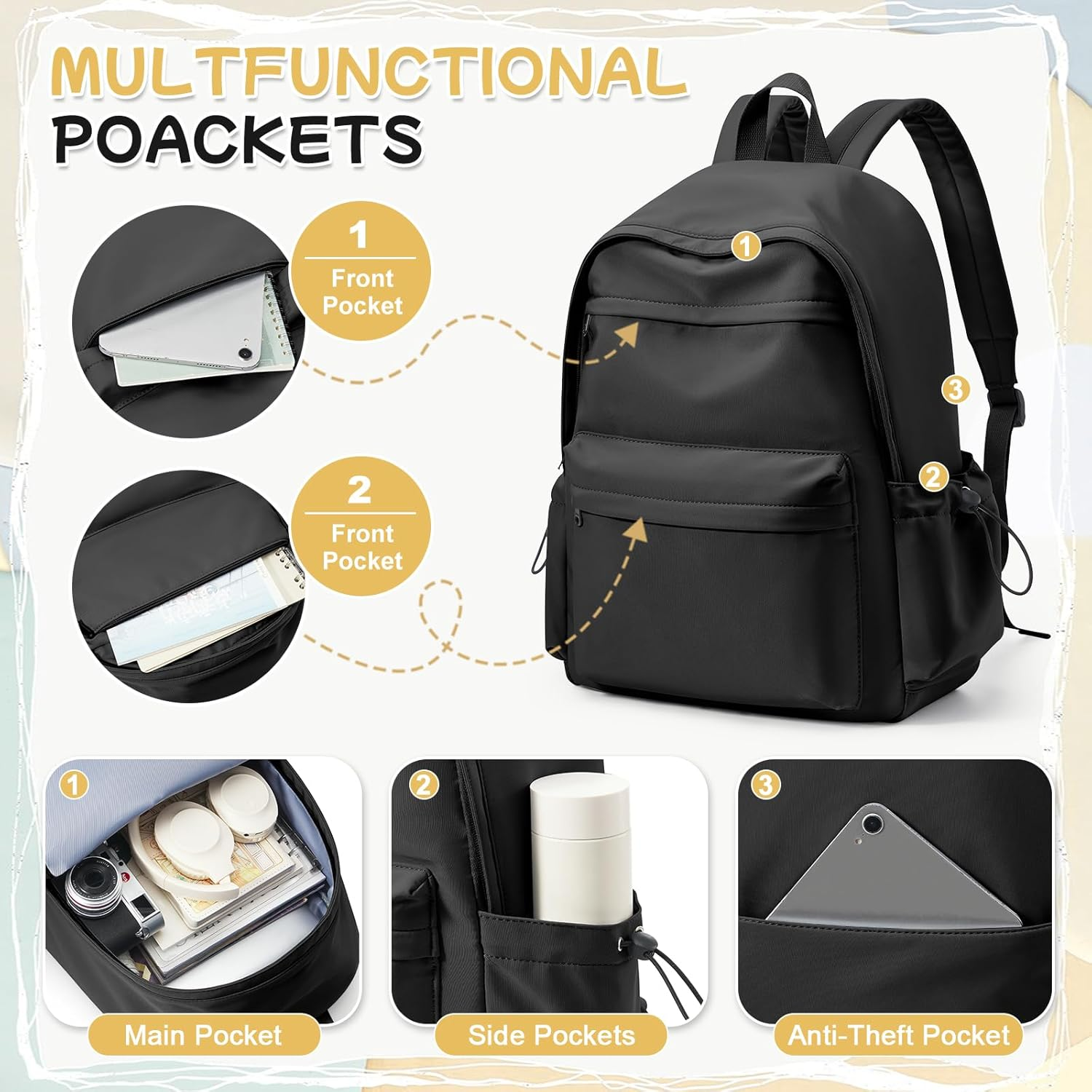 Pakembl School Backpack Womens Causal Travel School Bags 14 Inch Laptop Backpack for Teenage Girls Lightweight Rucksack Water Resistant Bookbag College Boys Men Work Daypack - A5-Black image number 3