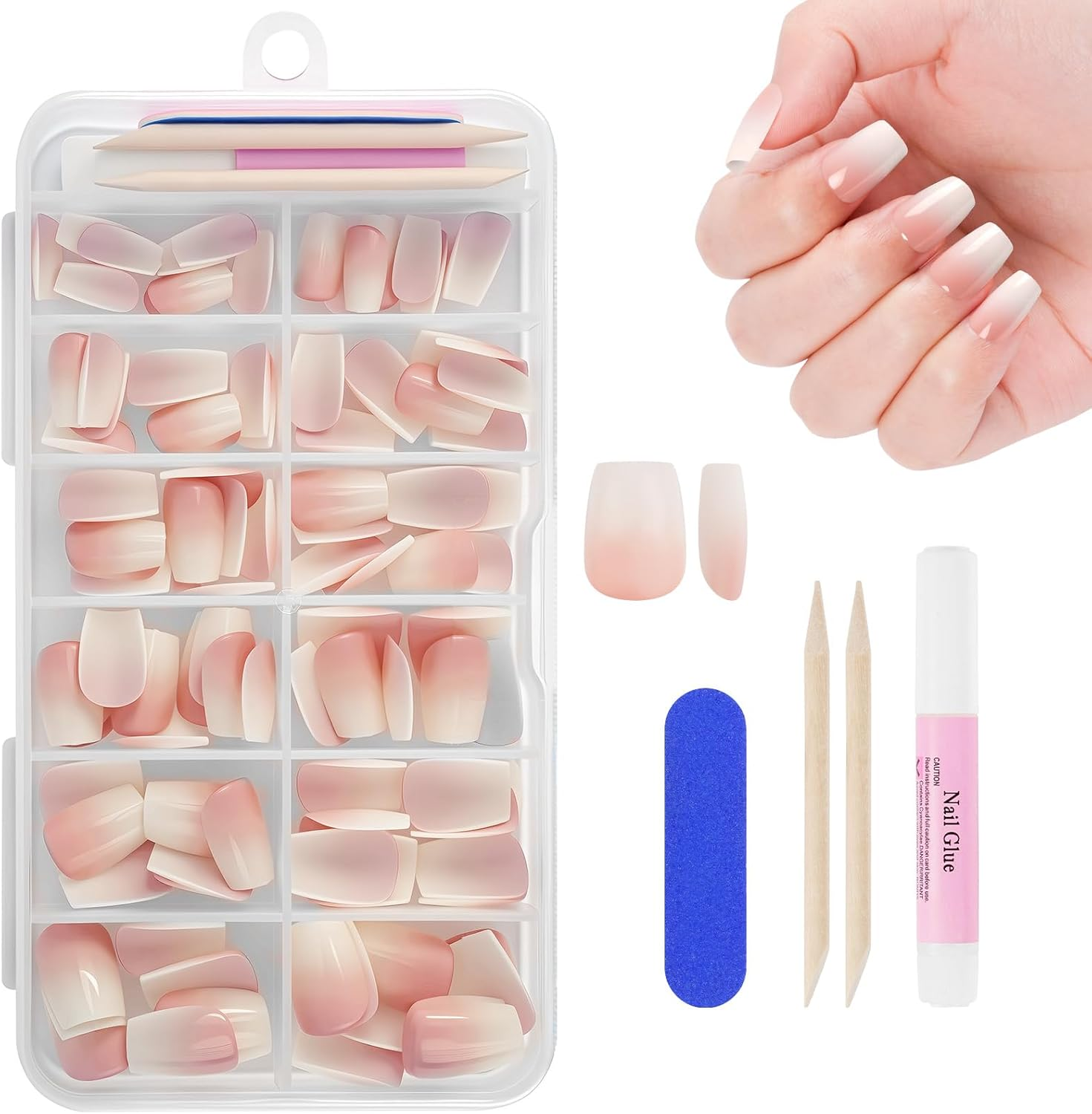 BUTBU Pack of 120 False Nails Tips Set, French False Nails for Gluing, 12 Sizes, French Press on Nail Set, Fake Nails with Glue for Women and Women (Colour Gradient Short Coffin Nail Tips) image number 1