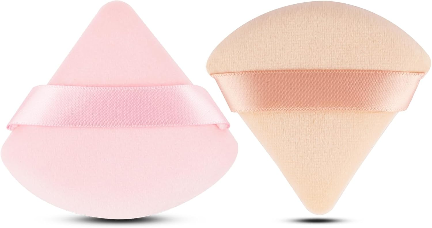 2 Pcs EVAOUXIU Triangle Powder Puff for Face Powder, Soft Plush Setting Powder Puff, Velour Cosmetic Foundation Blender Sponge Beauty Makeup Tools (Nude) - 1 Black  1 Pink image number 5