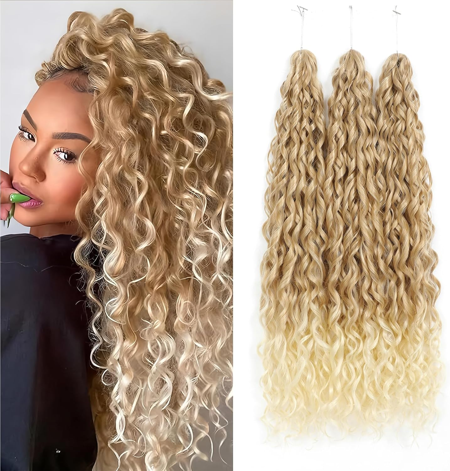 24Inch Deep Wave Twist Curly Crochet Hair Extensions 3Pack Deep Wavy Air Curl Bulk Hair Synthetic Boho Braids Water Wave Crochet Hair Extension for Women (T27/613, 24Inch-3Pack) image number 3