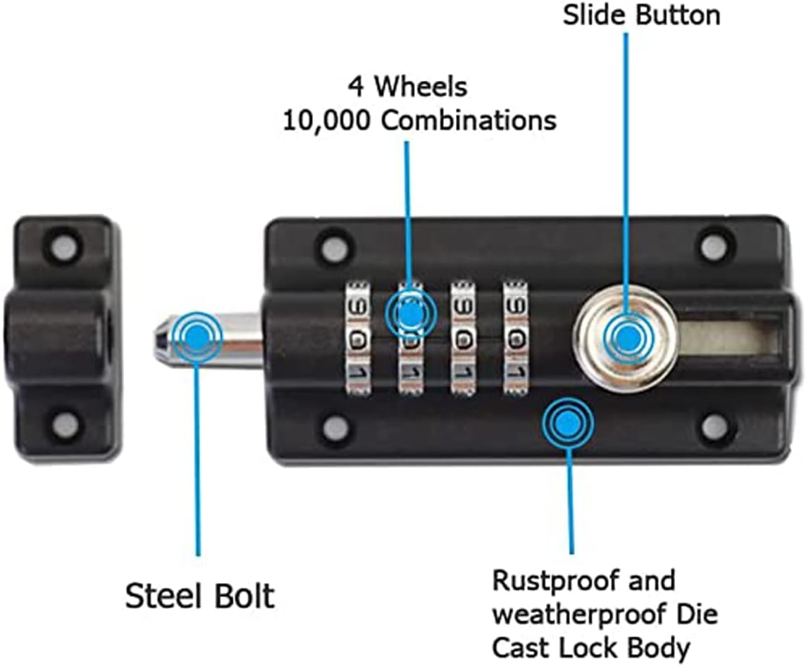 Slide Bolt Door Lock (COMBI4) - 4-Wheel Combination Bolt Door Lock - Weatherproof Die-Cast Housing - Tamper-Proof Sliding Lock - High Security Gate Lock for Home & Garages (Grey-1) image number 6