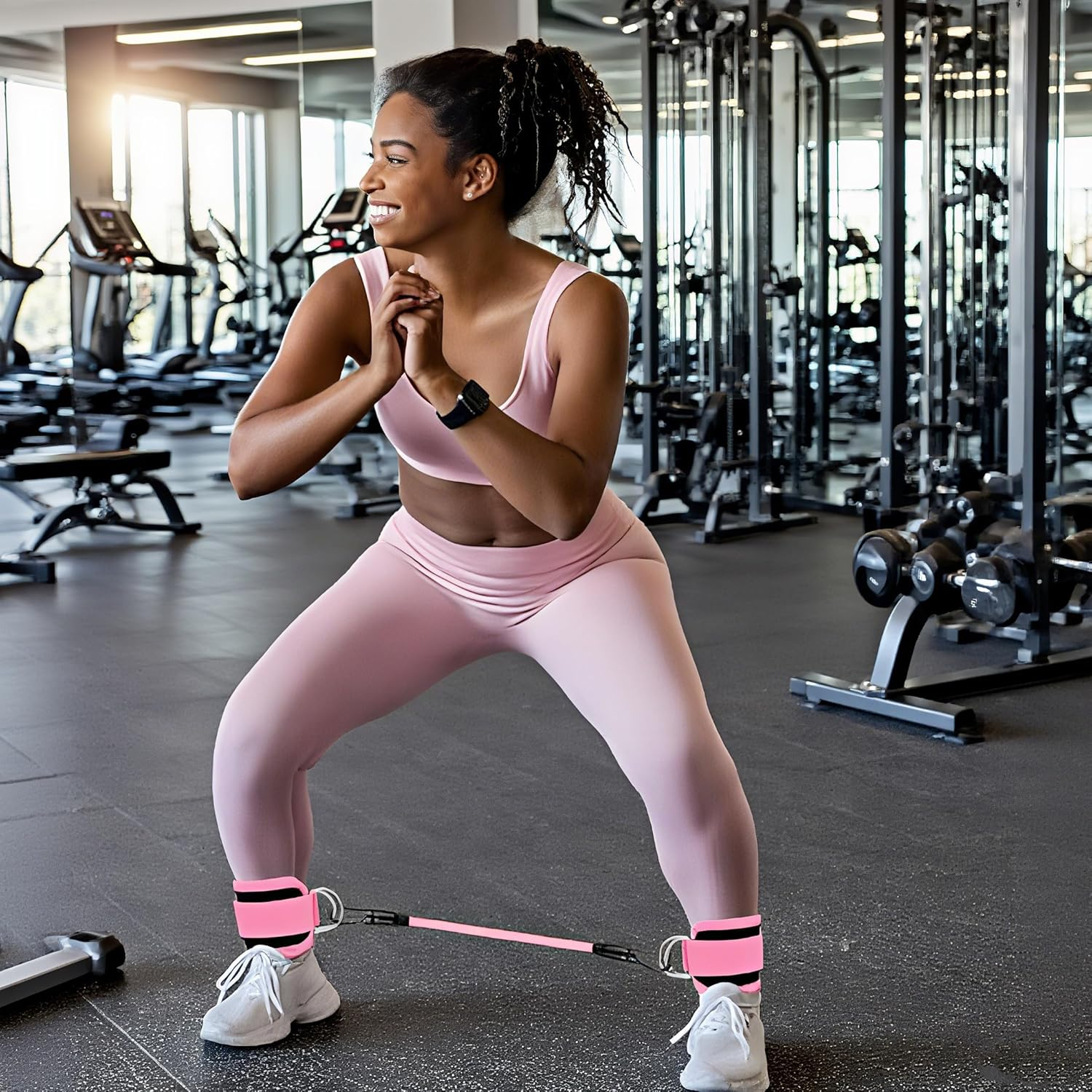 Ankle Strap with Exercise Bands for Leg Butt Training Workout Equipment, Ankle Resistance Bands with Cuffs, Ankle Band Fitness Equipment for Legs, Glutes,1Set.(Pink