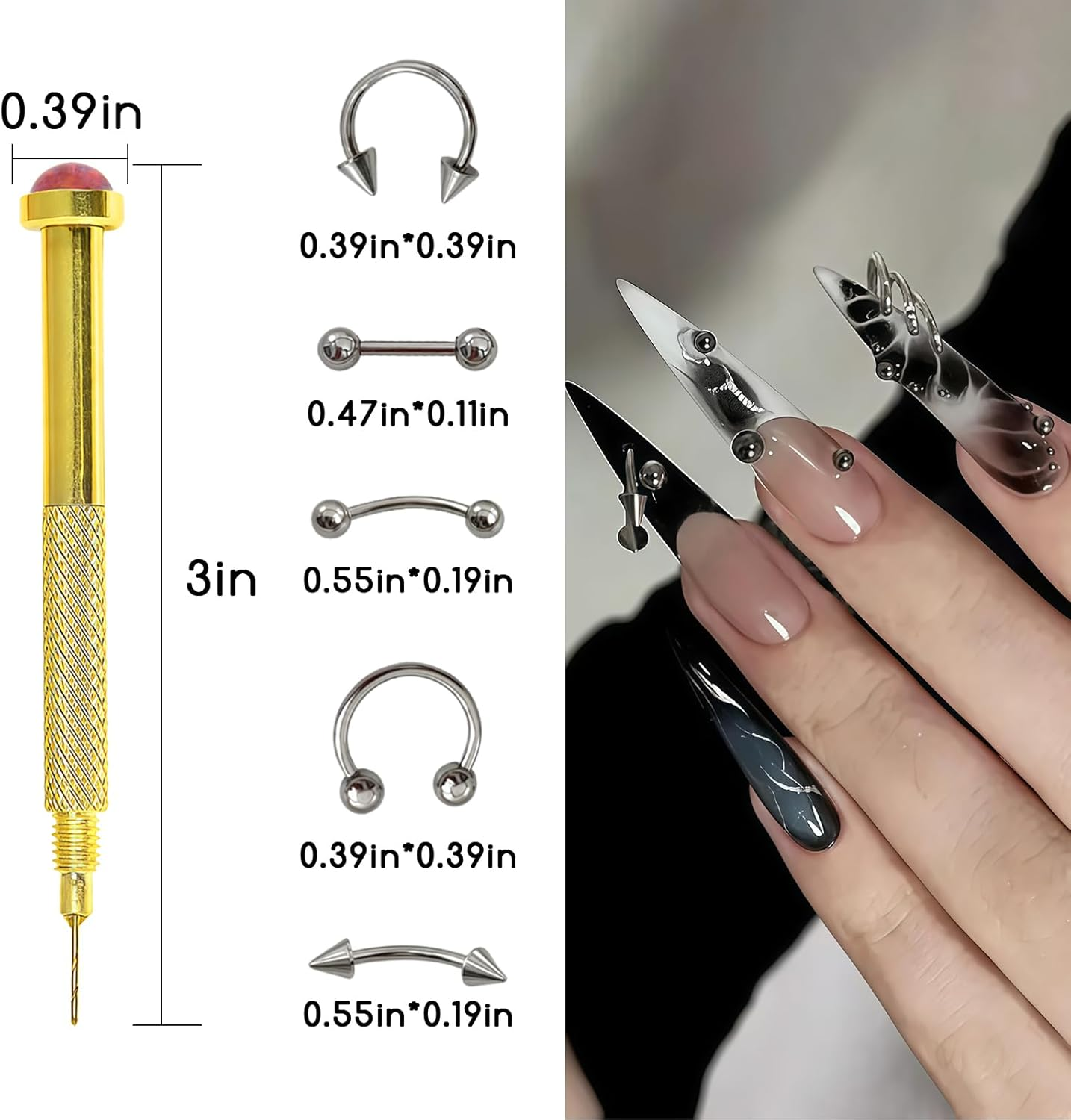 XEAOHESY 25 Pieces Platinum-Colored Alloy Nail Piercing Charms Nail Piercing Rivet Set with Piercing Tool Punk Y2K Piercing Nail Charms for Women Girls Nail Art image number 2