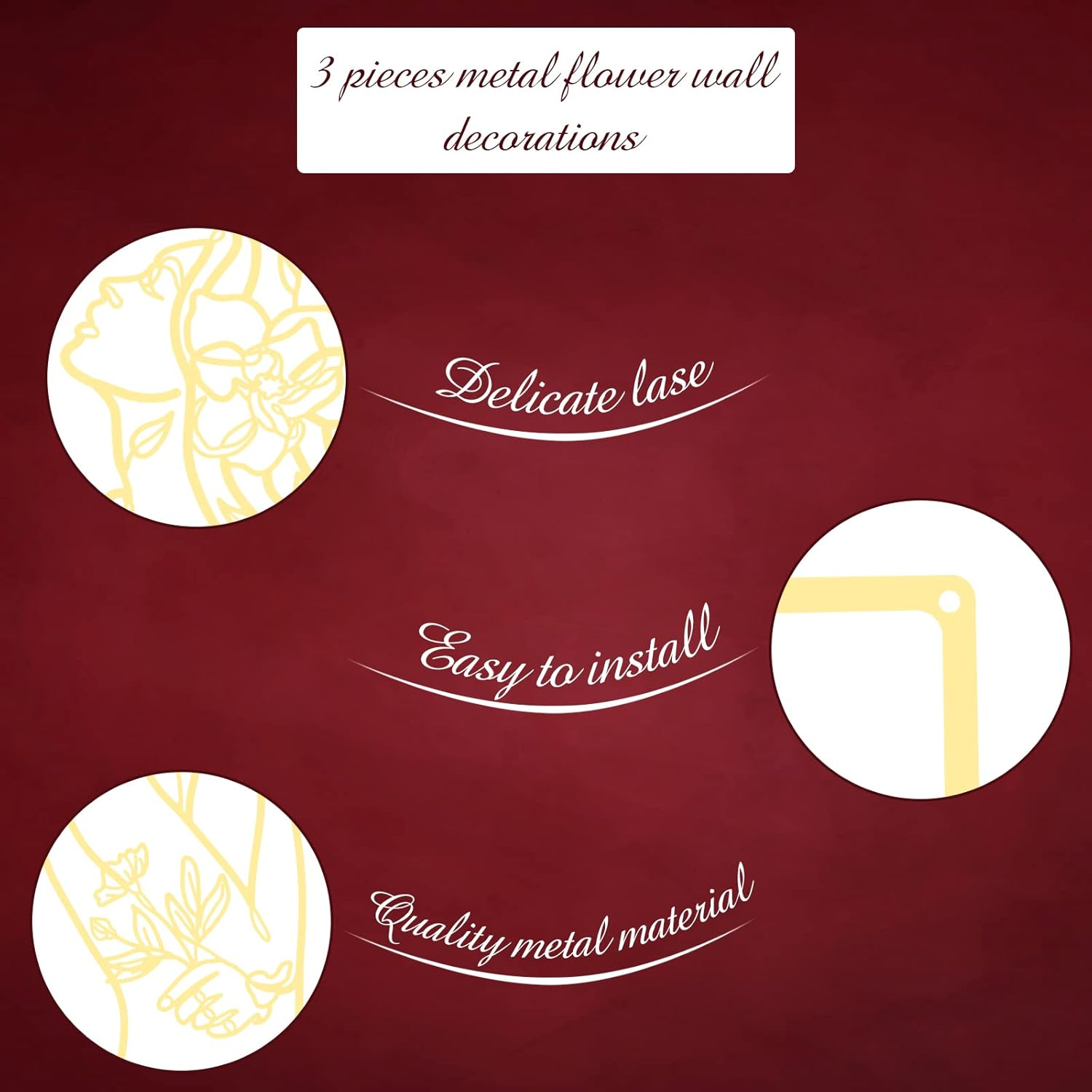 3 Pieces Metal Minimalist Abstract Woman Wall Art Line Drawing Wall Art Decor Single Line Female Home Hanging Wall Art Decor for Kitchen Bathroom Living Room (Gold, Flower) image number 5