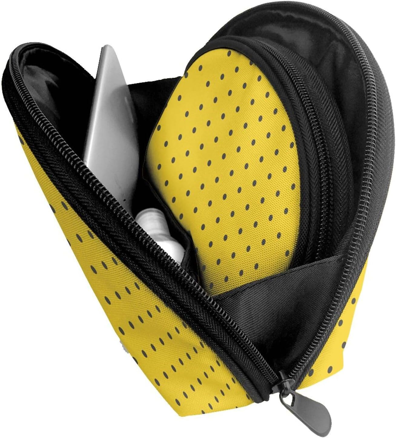 Cozimangoe Coin Pouch Makeup Bags Set, 2 Piece Shell Shape Cosmetic Bag with Pockets for Daily Travel Handbag Lipstick Keys Toiletry, Personalized Black Polka Dots Yellow Background image number 3